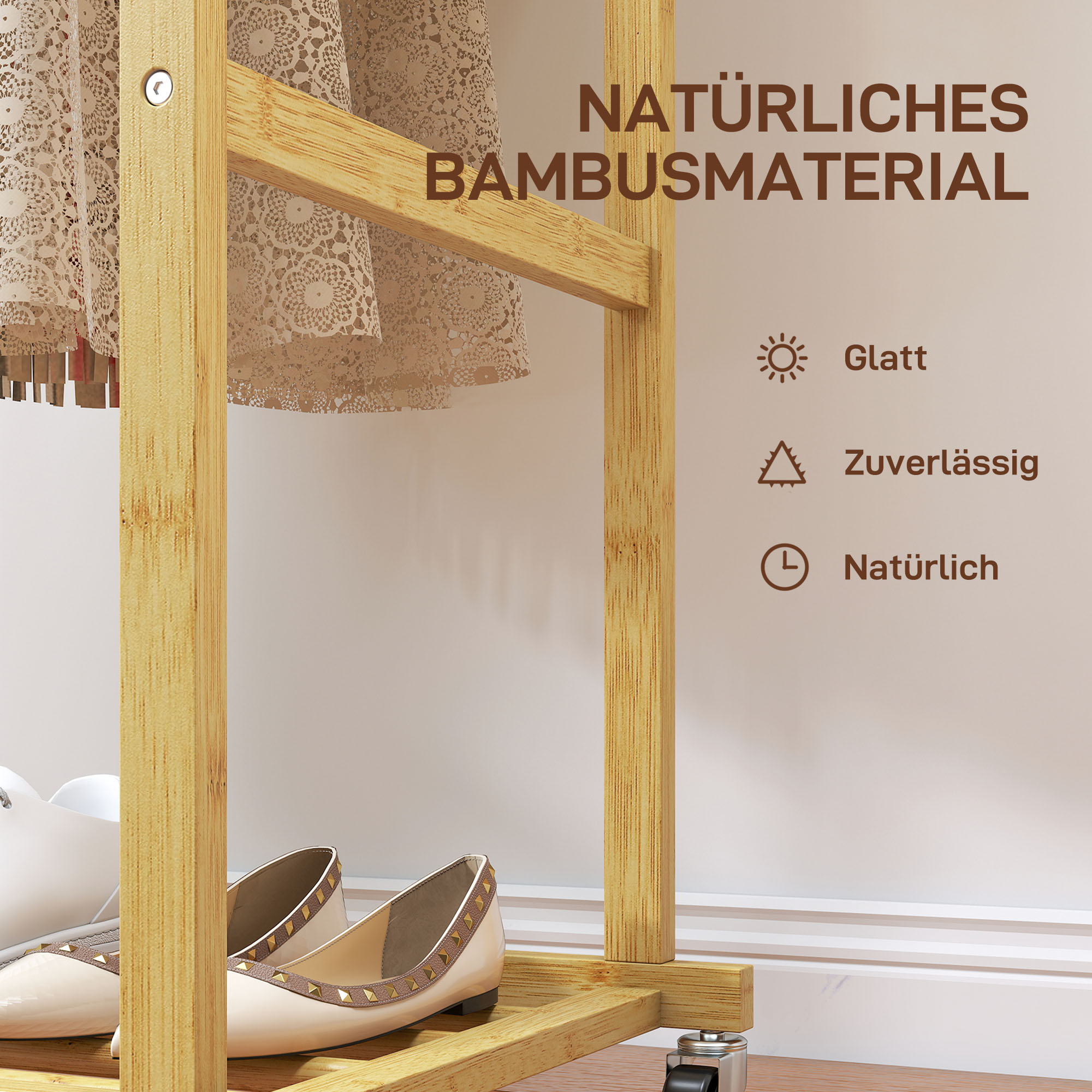 Riiete stange ratastega, bambus, naturaalne, 80 x 40 x 160 cm