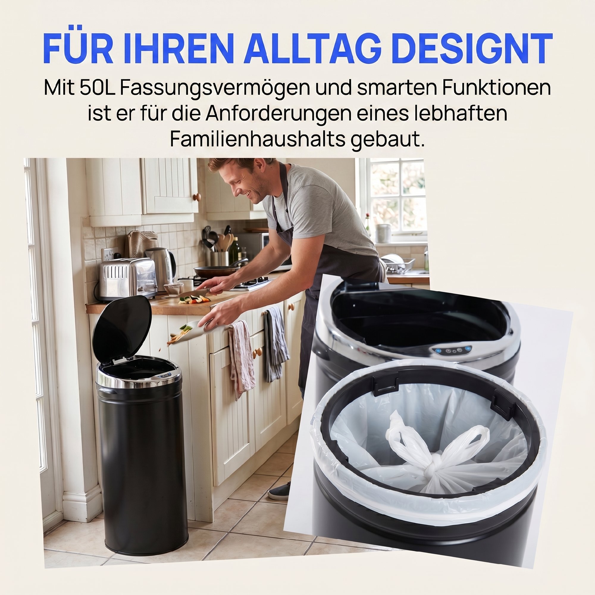 50 l sensoriga prügikast, automaatne, roostevaba teras, must/hõbedane, 30,5 x 30,5 x 81,5 cm