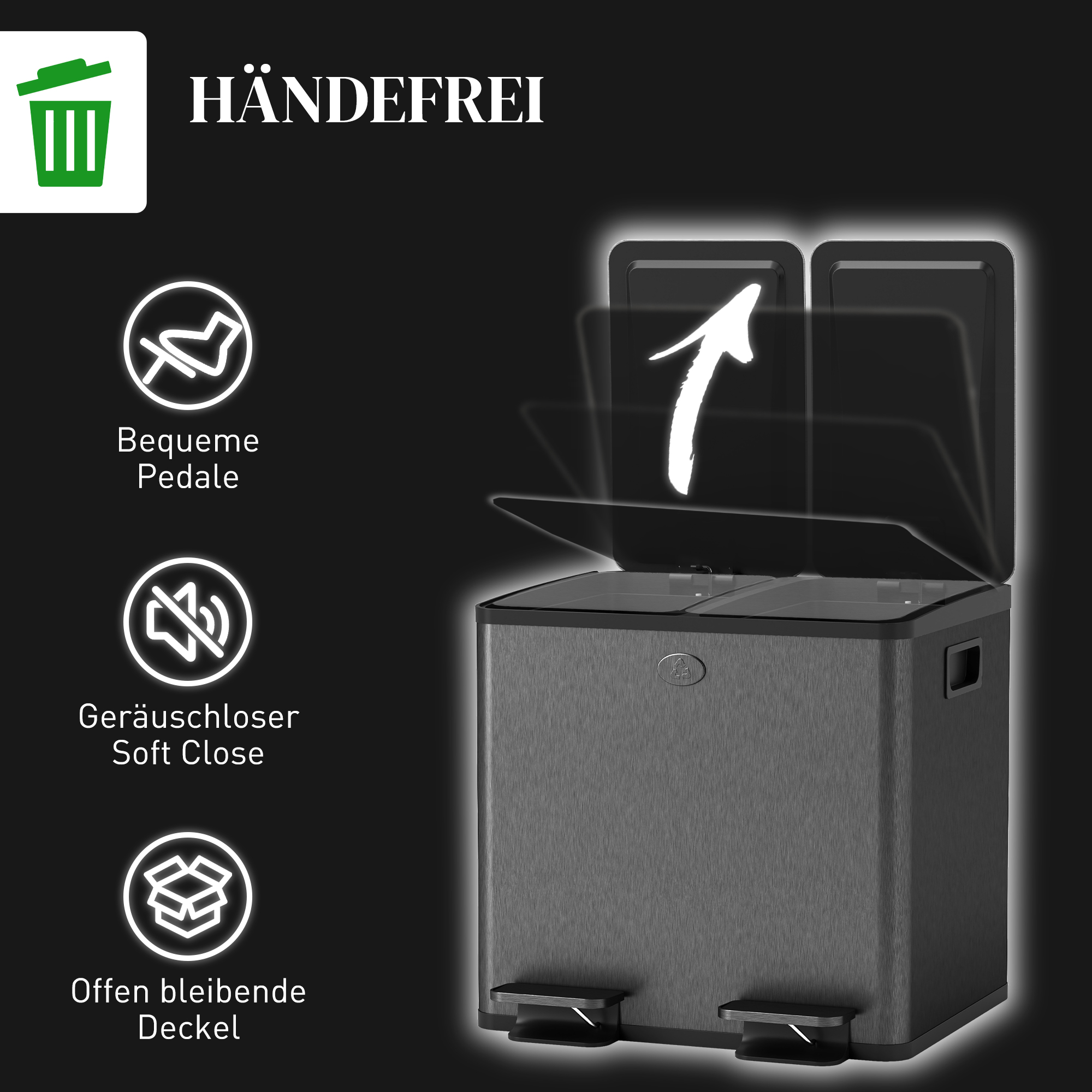 2 x 15 l kahekambriline pedaaliga prügikast, must, roostevaba teras, plastik