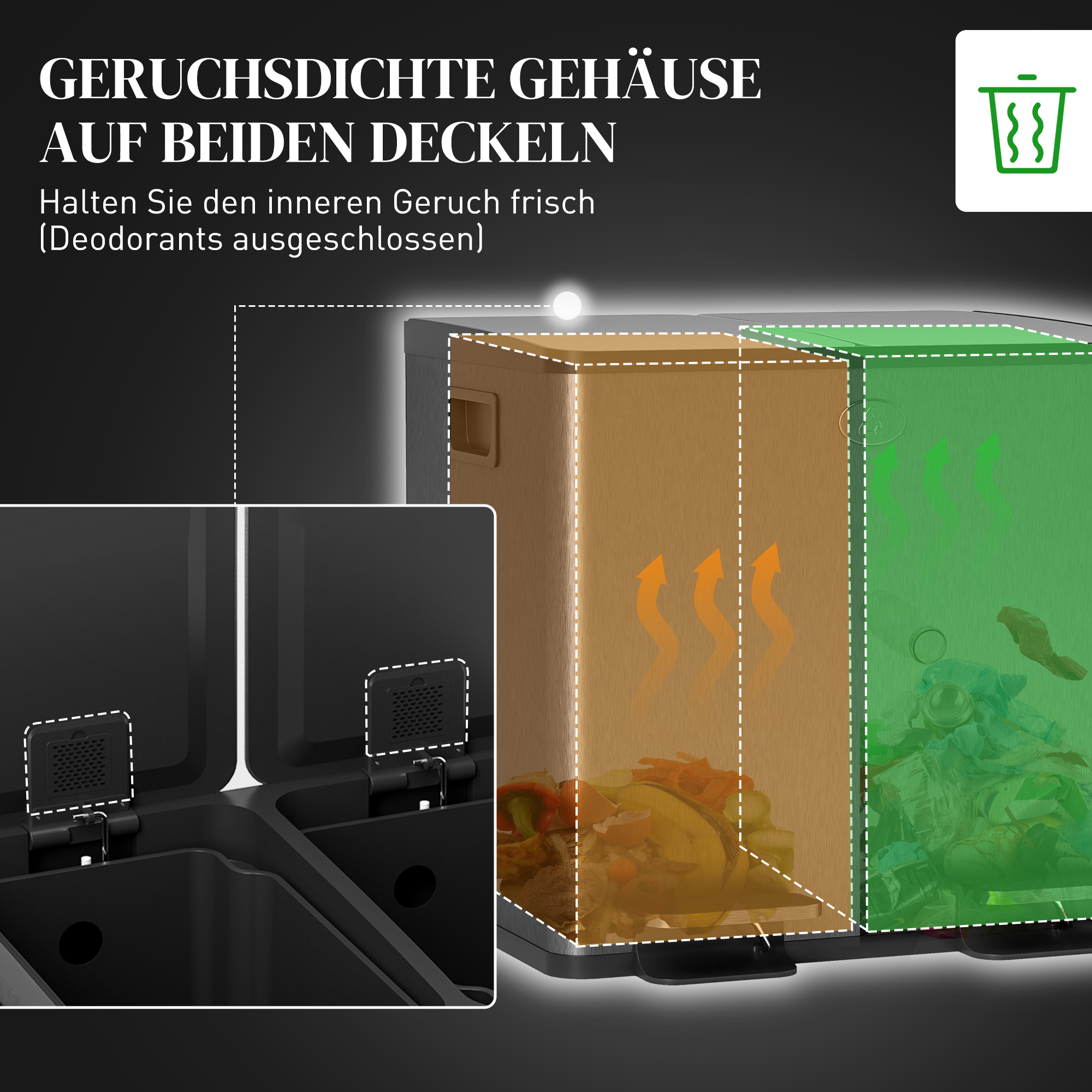 2 x 15 l kahekambriline pedaaliga prügikast, must, roostevaba teras, plastik