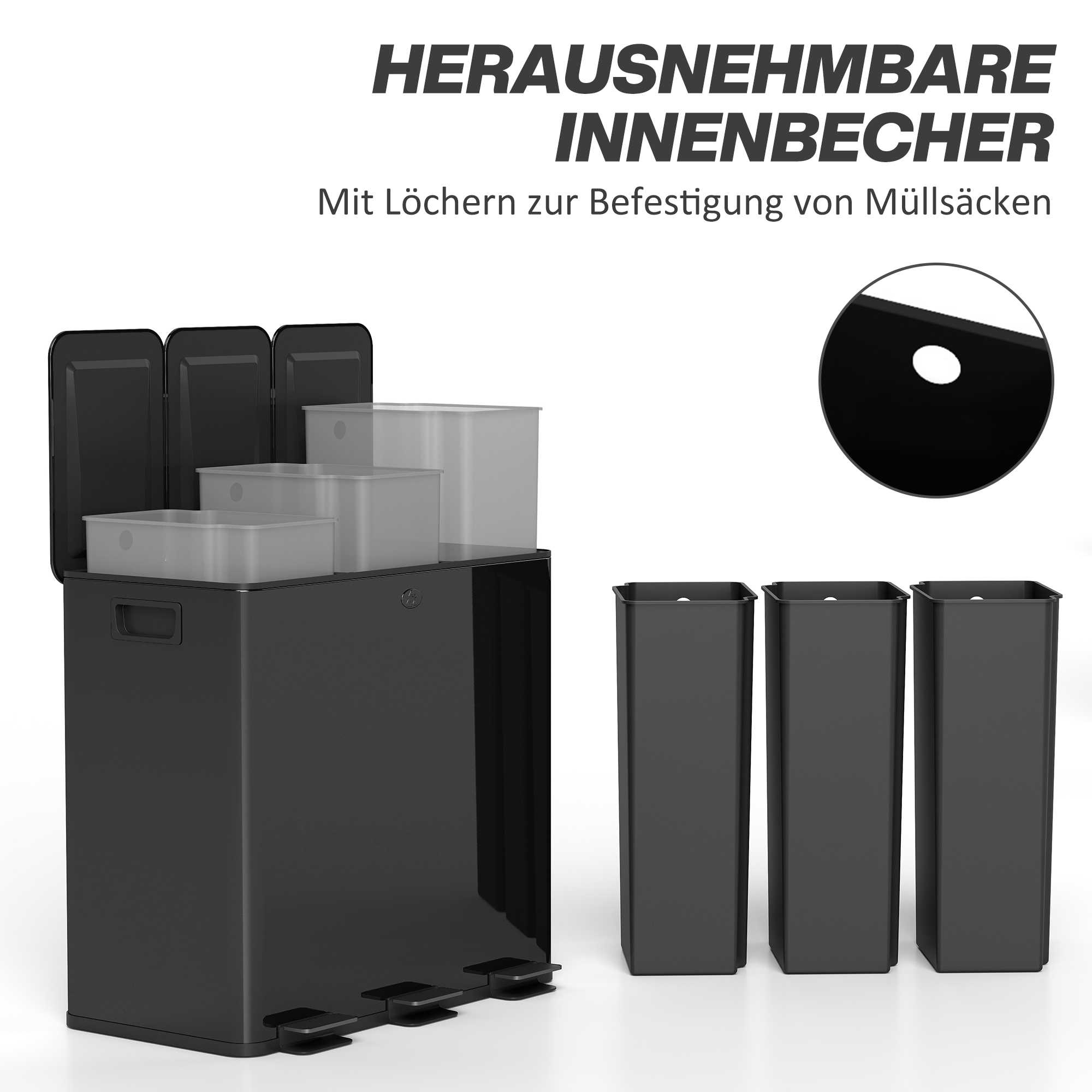 Kolmekambriline prügikast pedaaliga, 3 x 20 l, must, roostevaba teras / plastик