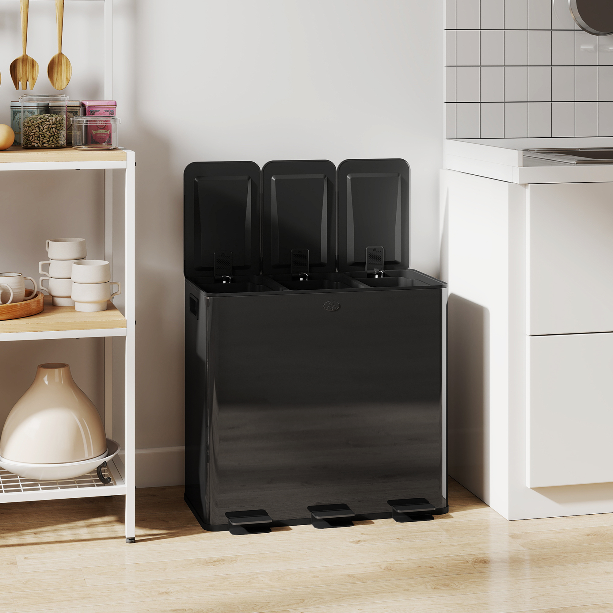 Kolmekambriline prügikast pedaaliga, 3 x 20 l, must, roostevaba teras / plastик