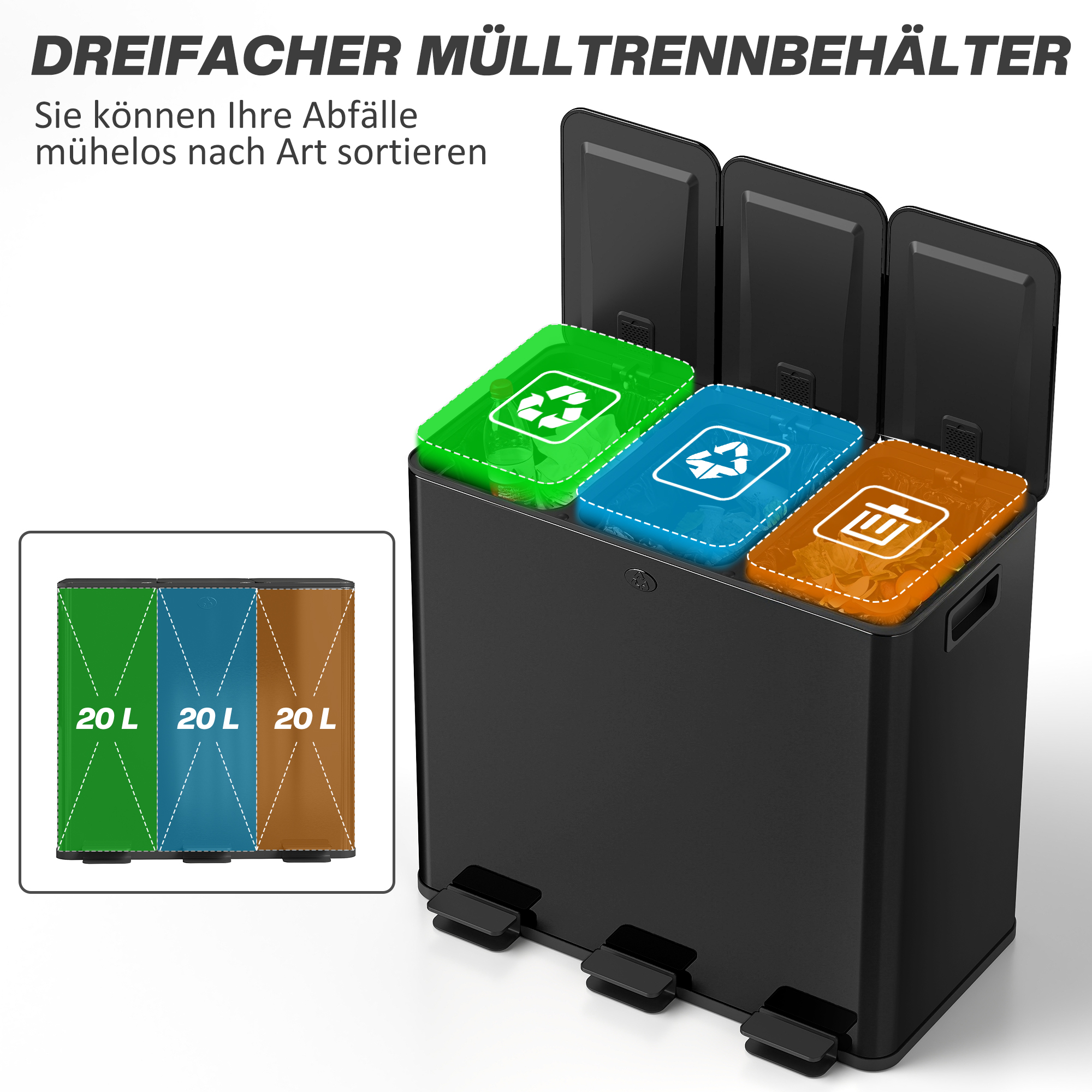 Kolmekambriline prügikast pedaaliga, 3 x 20 l, must, roostevaba teras / plastик