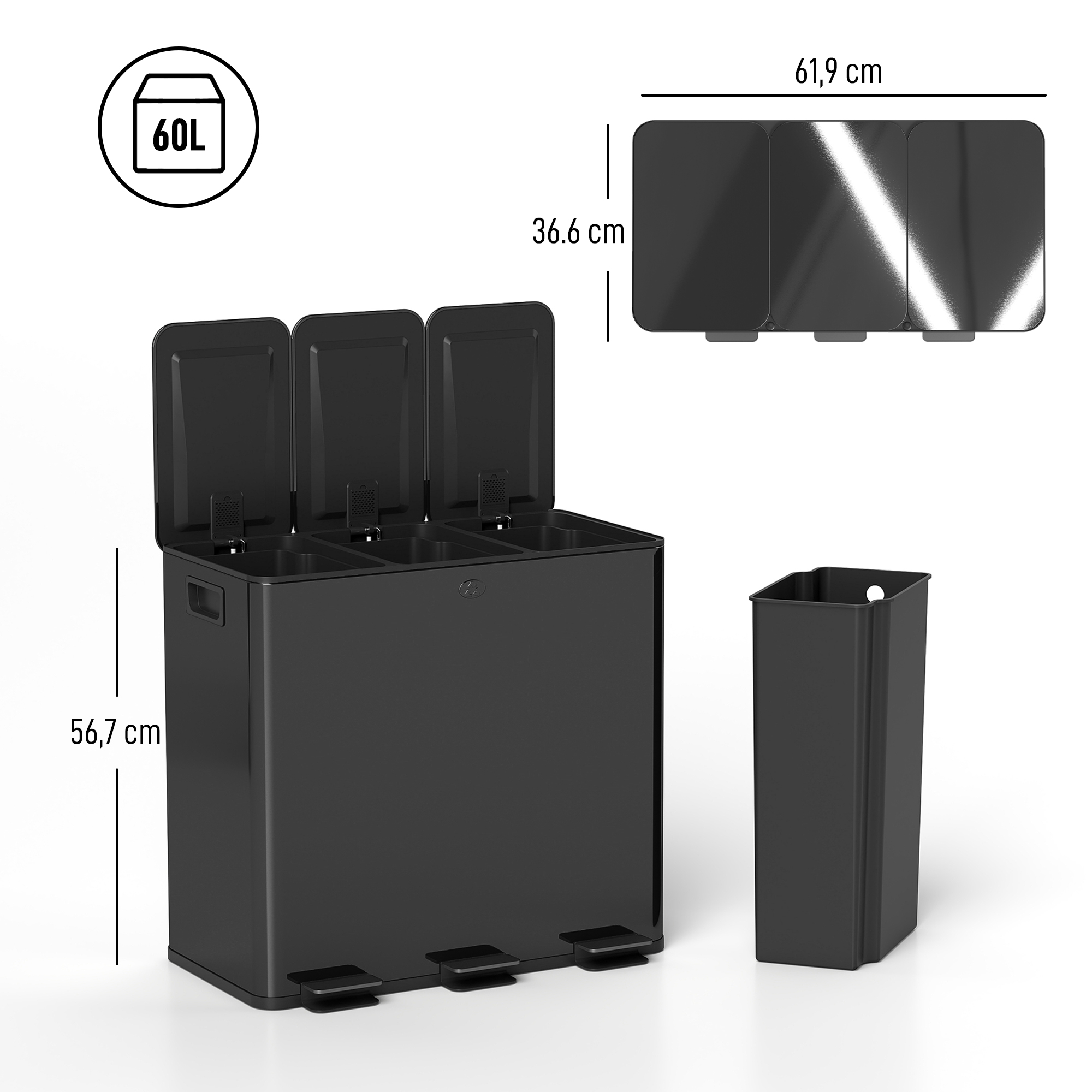 Kolmekambriline prügikast pedaaliga, 3 x 20 l, must, roostevaba teras / plastик