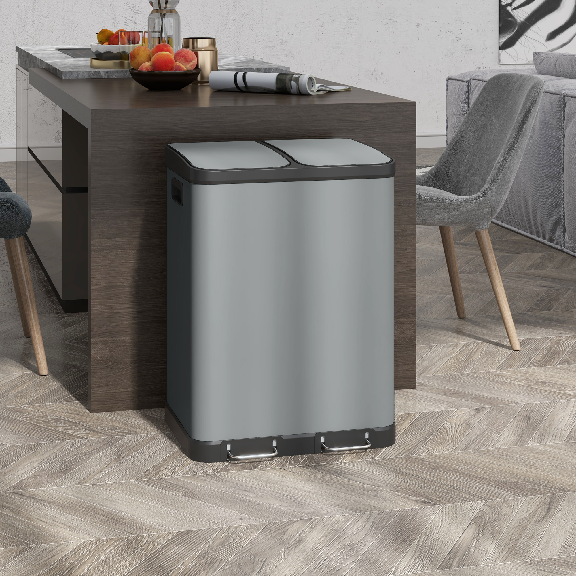 Kahe osaga prügikast, 2 x 30 l, hall
