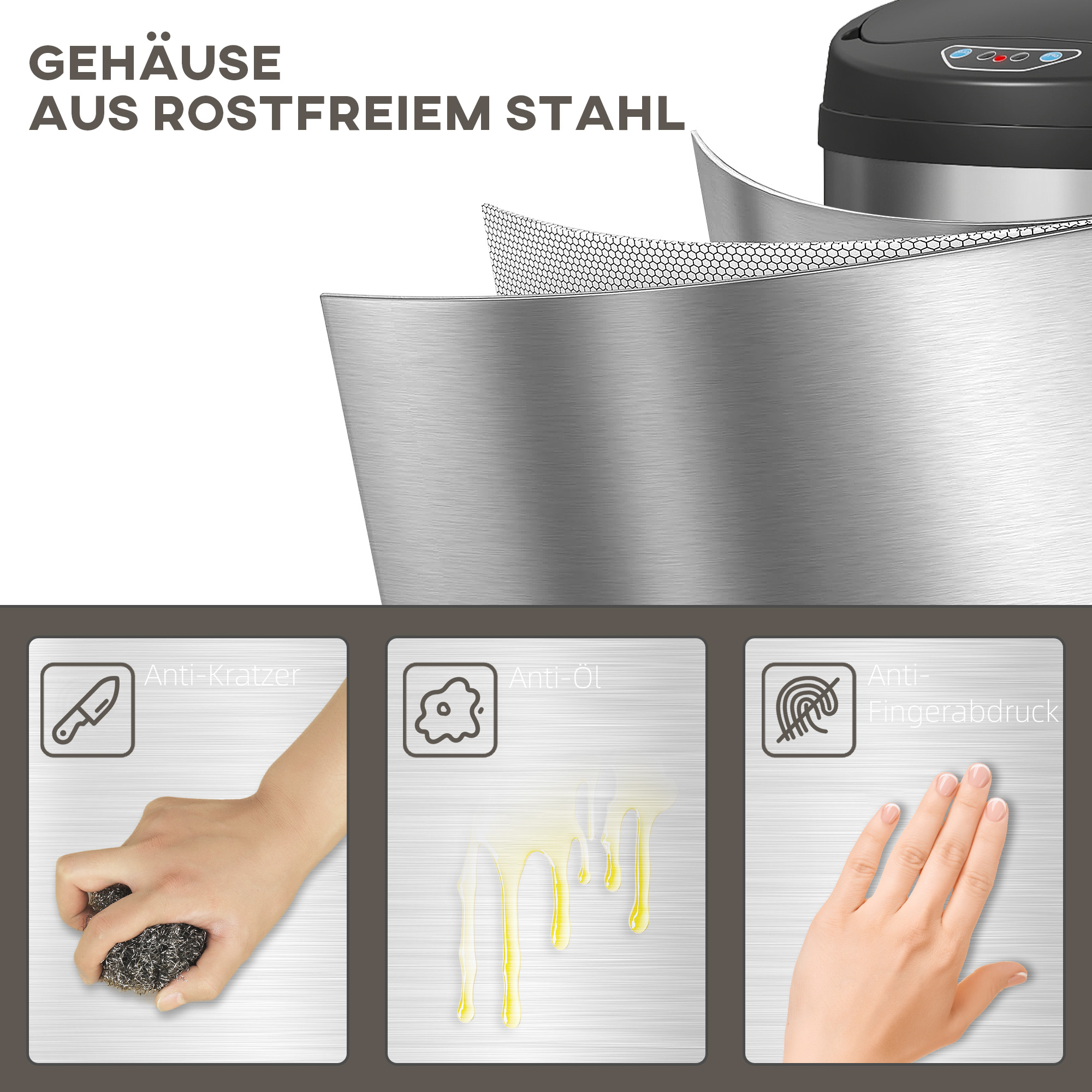 30 l sensoriga prügikast soft-close funktsiooniga, kontaktivaba roostevabast terasest
