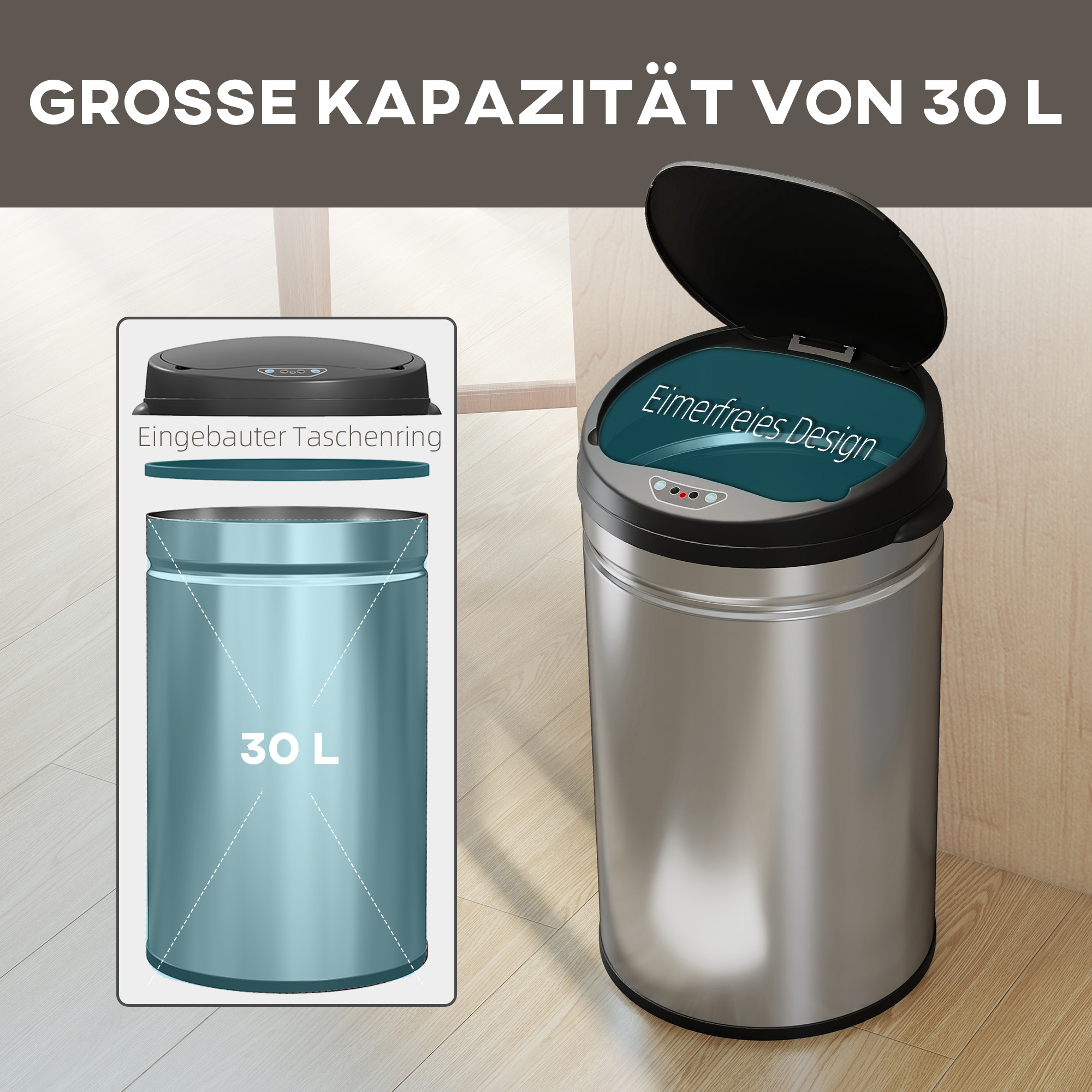 30 l sensoriga prügikast soft-close funktsiooniga, kontaktivaba roostevabast terasest