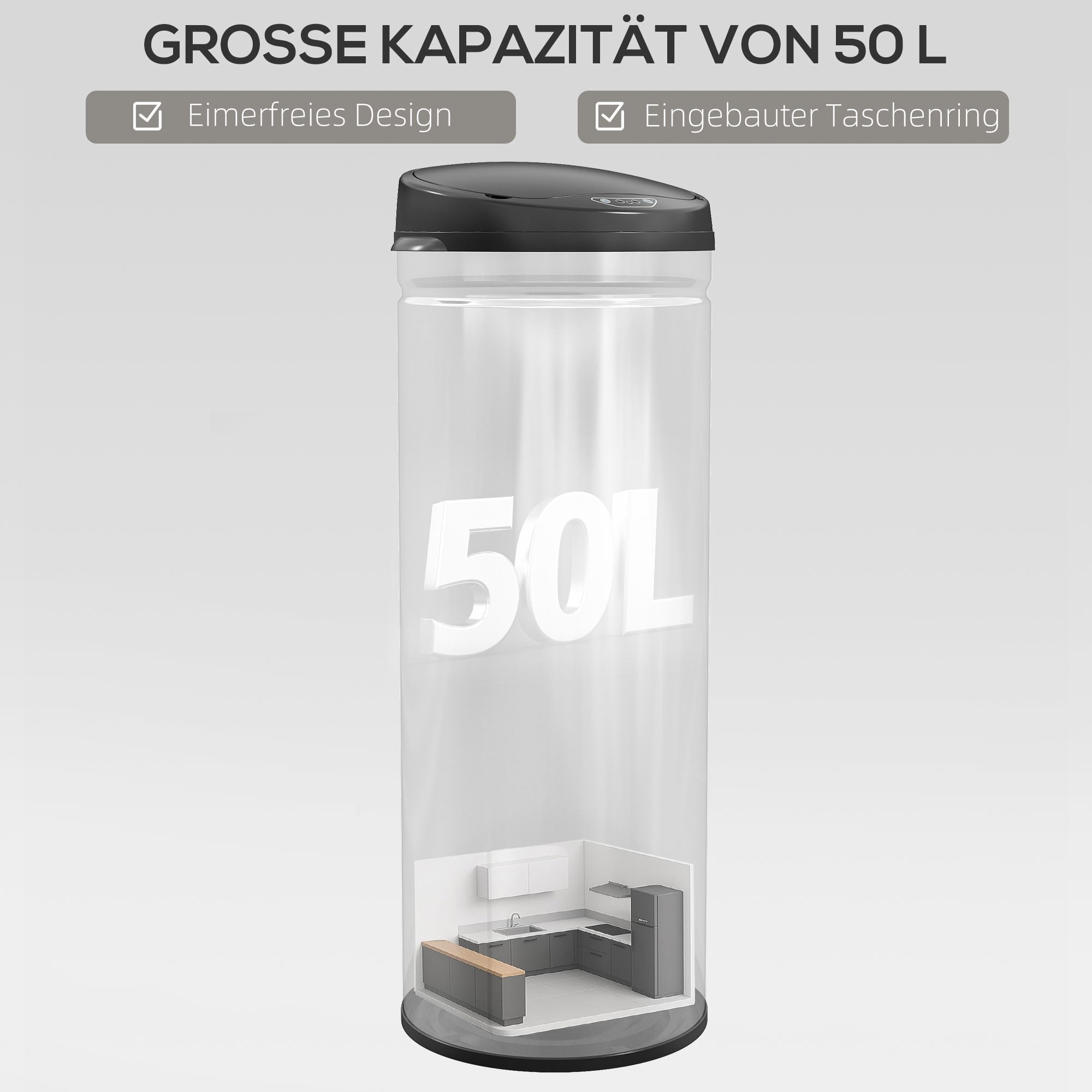50 l sensoriga prügikast pehmelt sulguva kaanega, roostevabast terasest, hõbedane