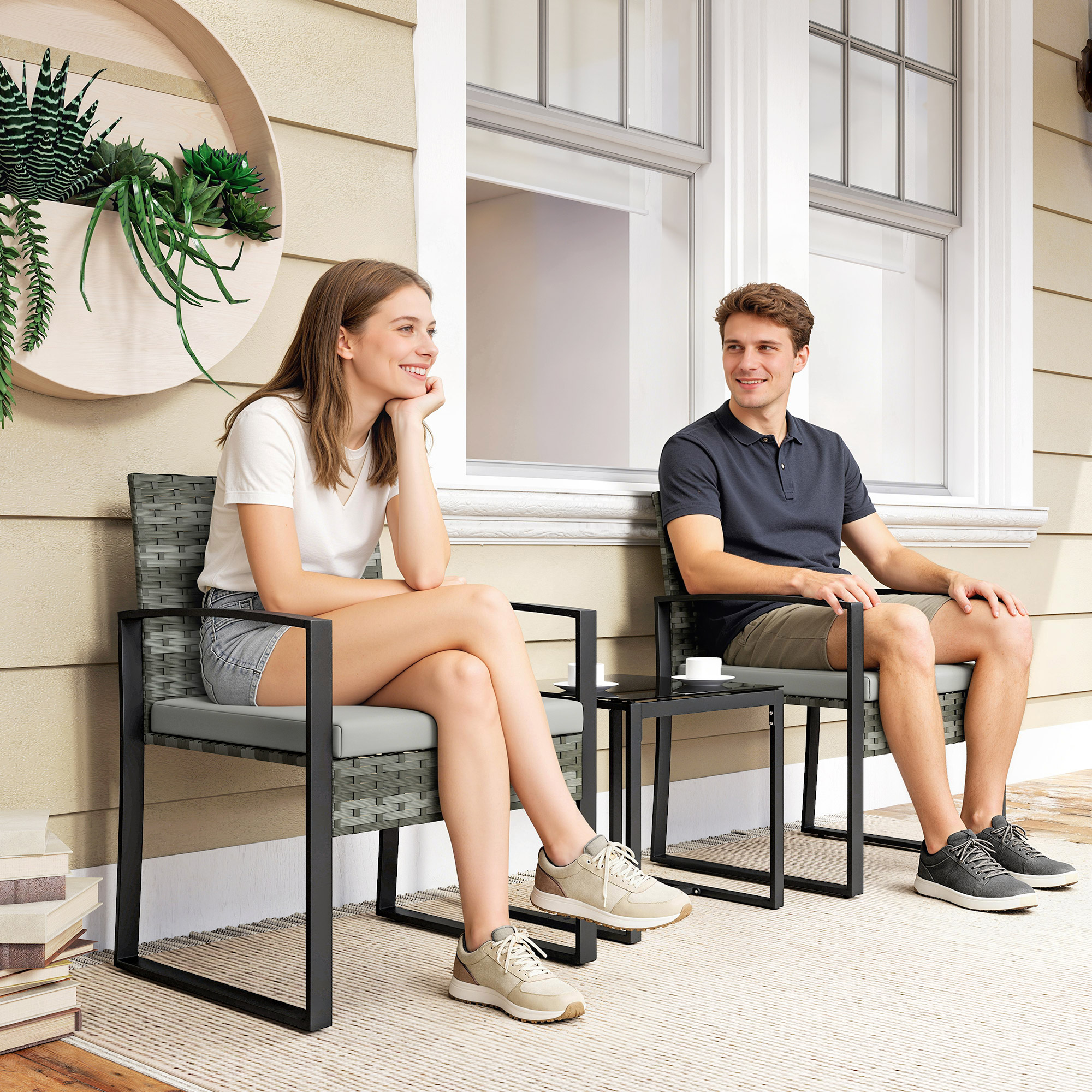 3-osaline bistrookomplekt, aiamööbli komplekt 2 tooli, laud, helehall
