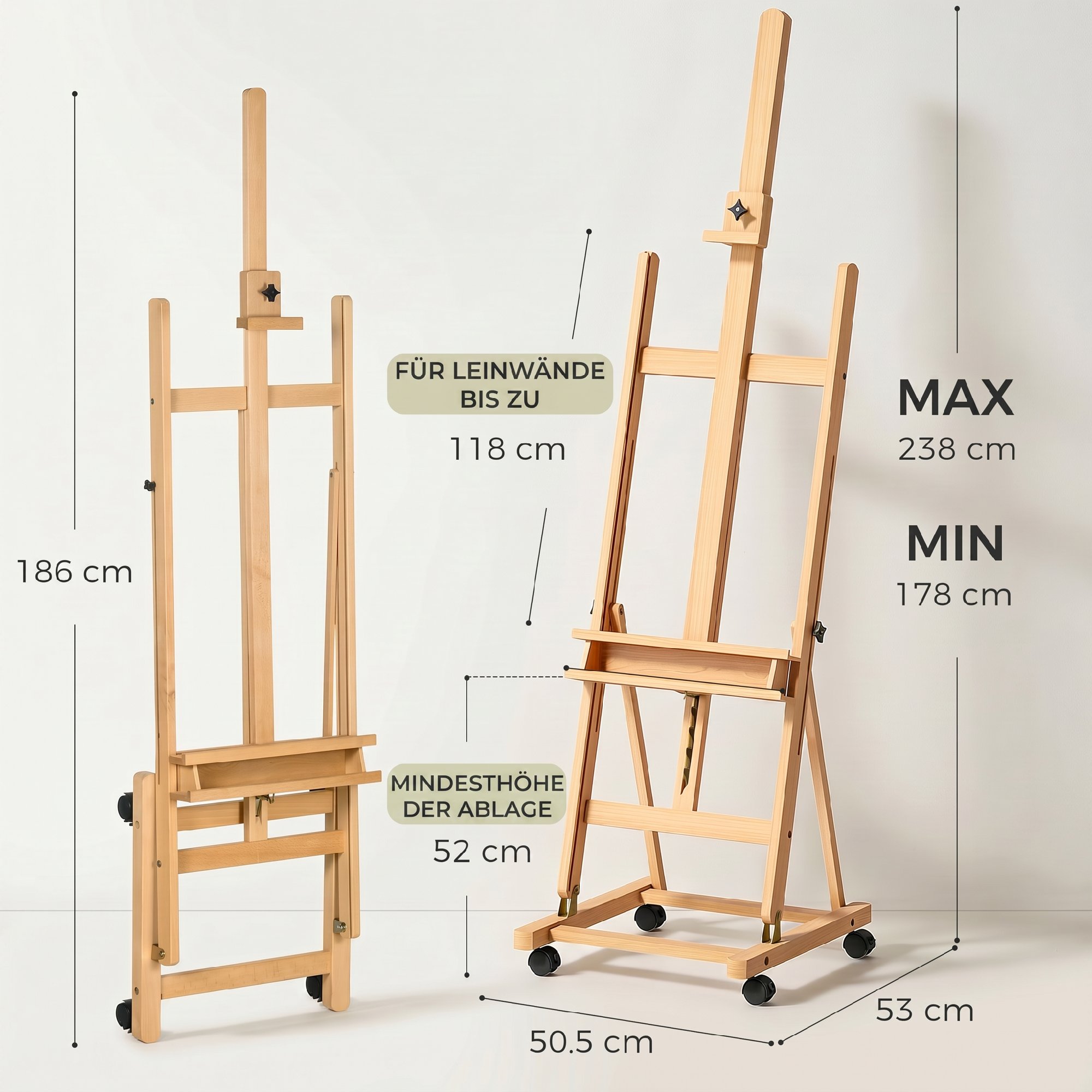 Reguleeritav kunstniku molbert 4 rattal, naturaalne puiduvärv, 178-238 cm