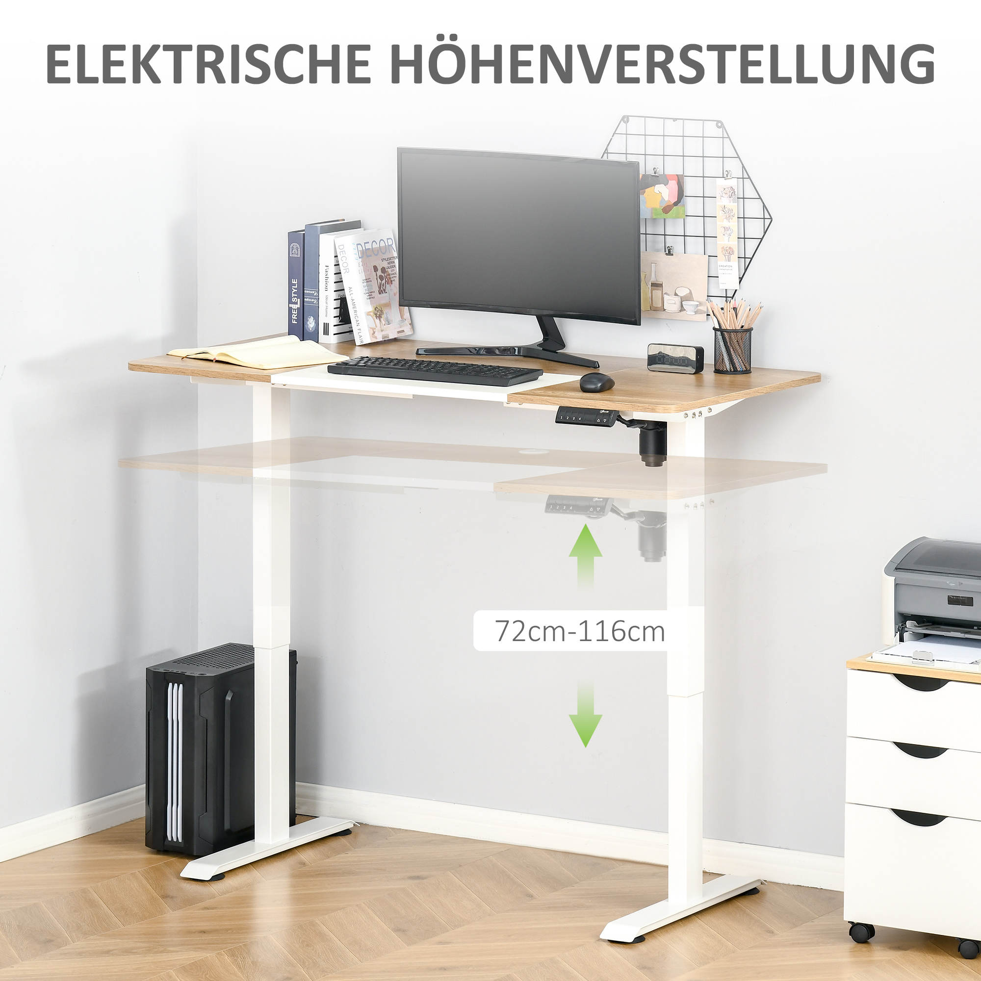 Elektriline reguleeritav istu-seisa laud, 140 x 70 cm, naturaalne, valge