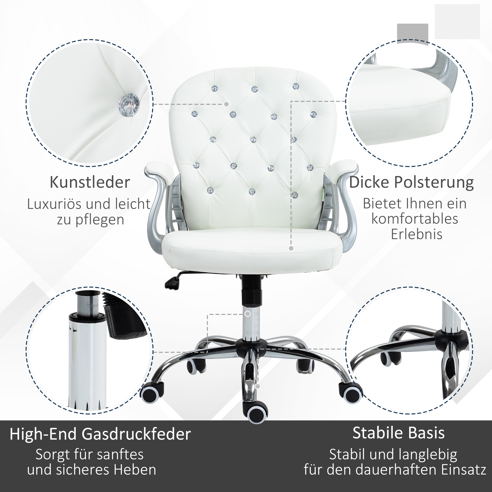 Bürootool, ergonoomiline, käetugedega, polsterdatud seljatoega, valge