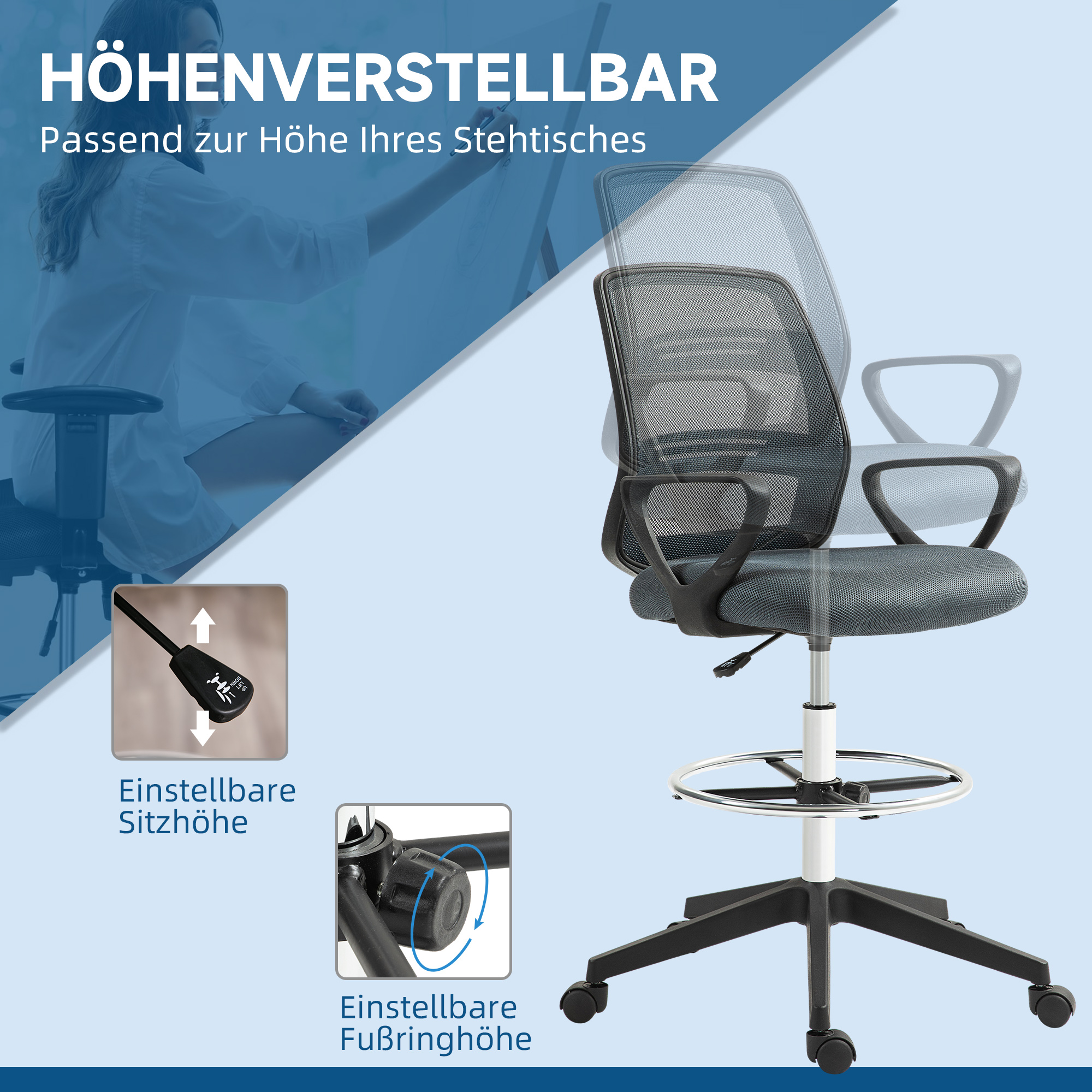 Ergonoomiline kontoritool käetugede ja reguleeritava jalaringiga, hall, 68 x 66 x 100–120 cm