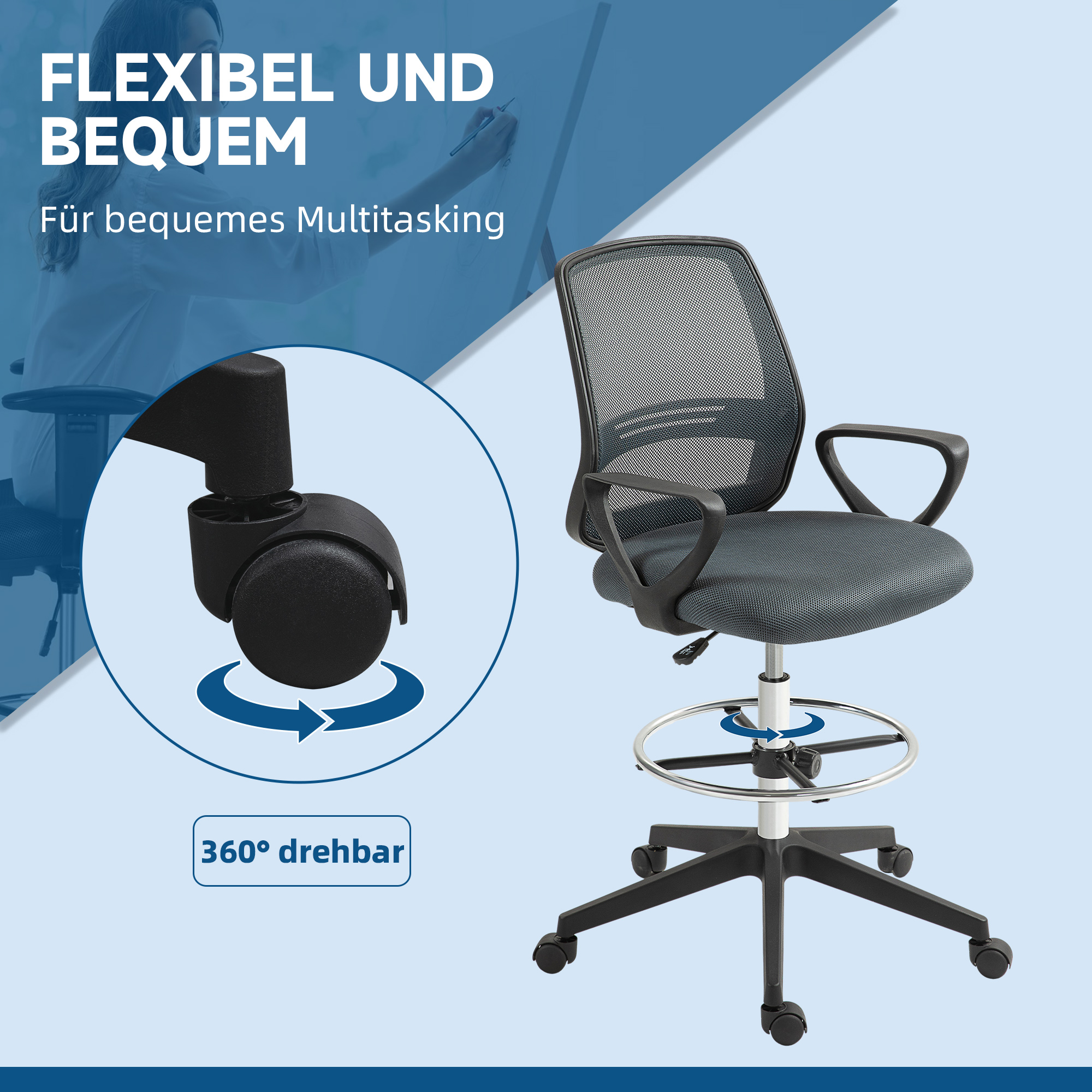Ergonoomiline kontoritool käetugede ja reguleeritava jalaringiga, hall, 68 x 66 x 100–120 cm