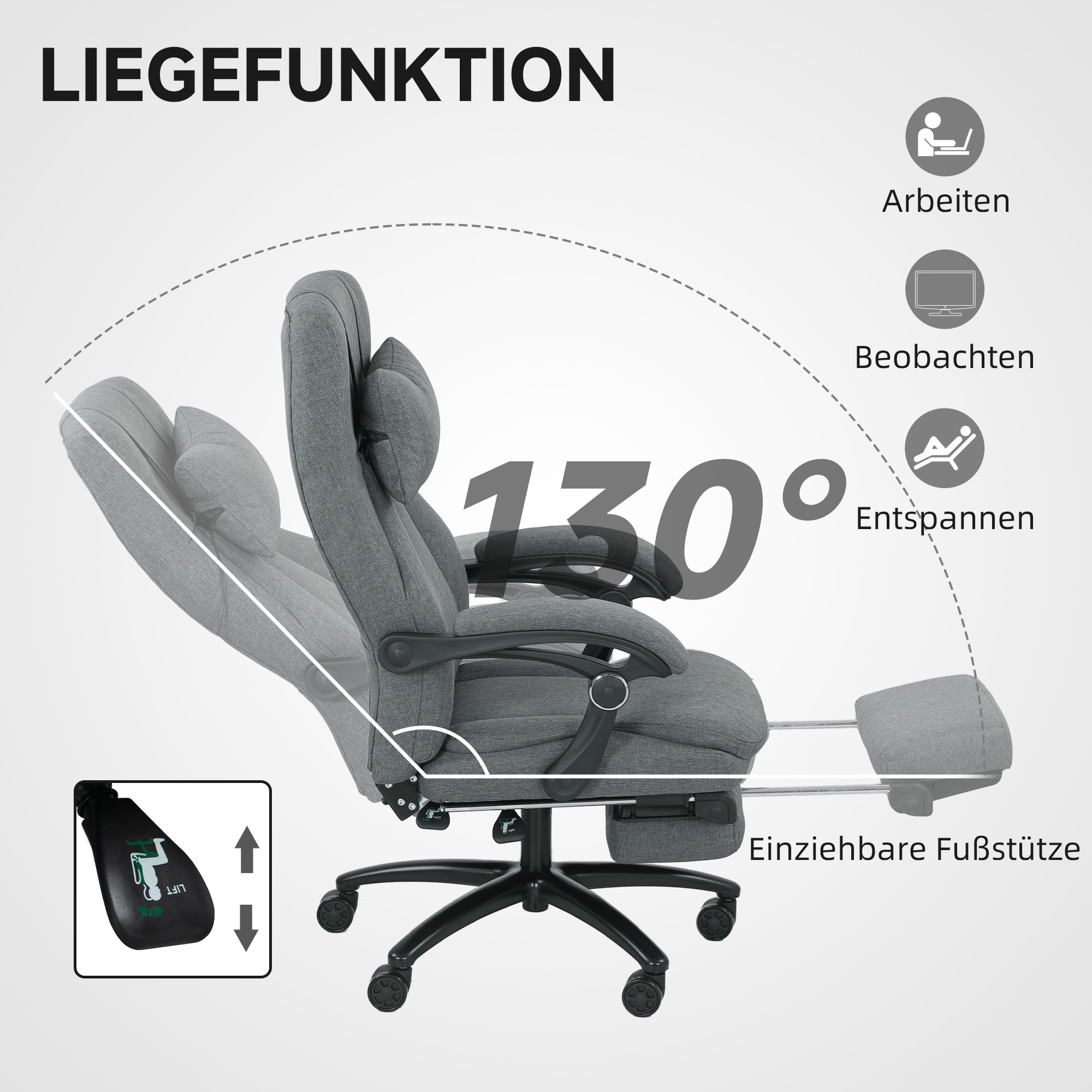 Massaaži bürootool, USB-liidesega, tumehall, 64 x 74 x 109-117 cm