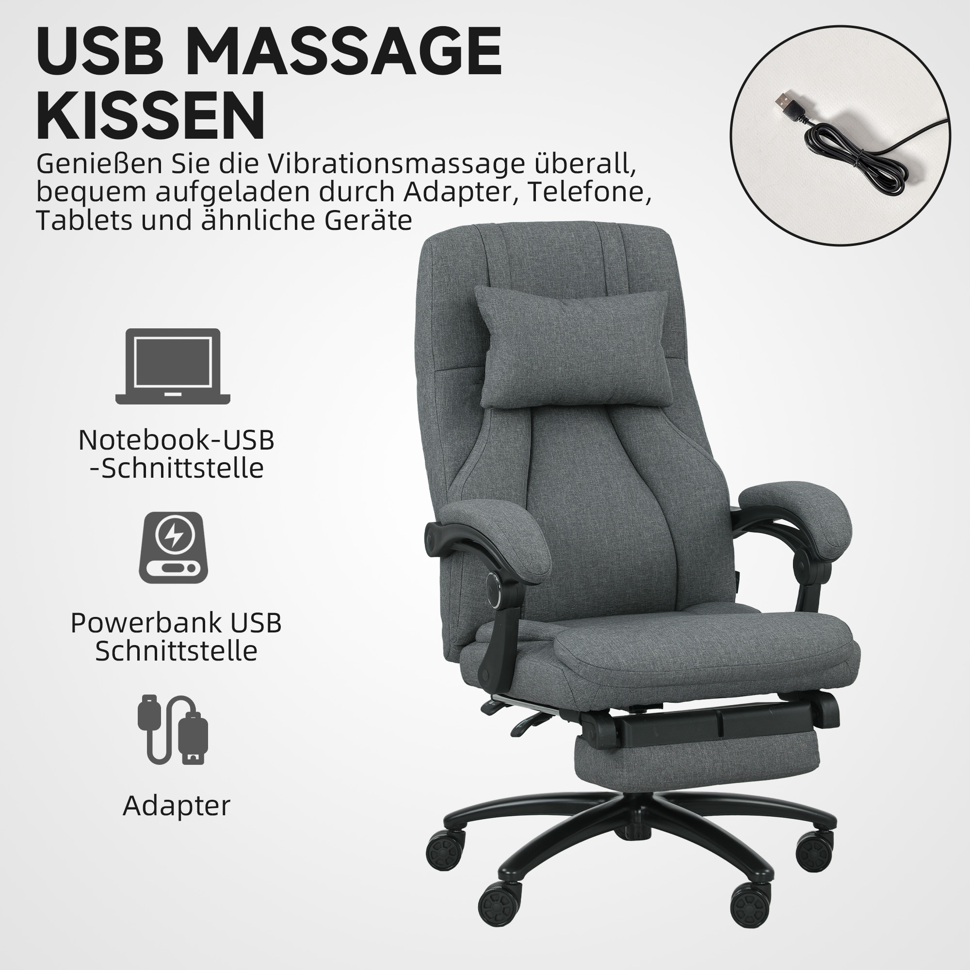 Massaaži bürootool, USB-liidesega, tumehall, 64 x 74 x 109-117 cm