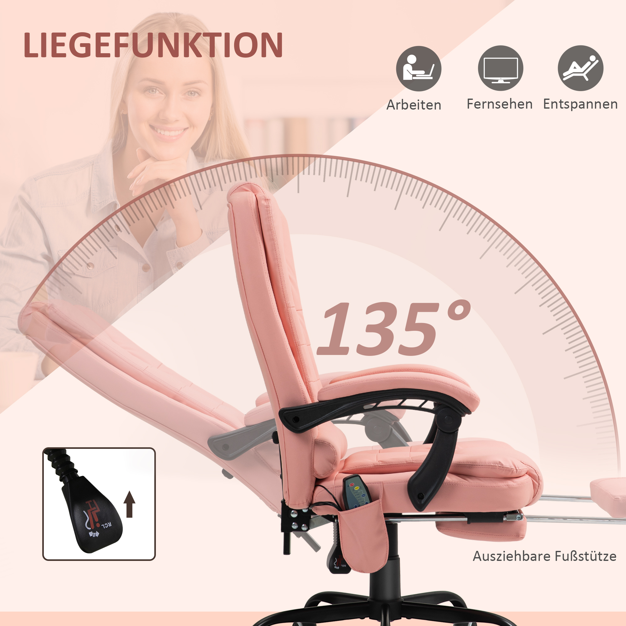 Massaažiga kontoritool, 7 vibratsioonipunkti, reguleeritav jalatugi ja seljatugi, kuni 120 kg, kunstnahk, roosa