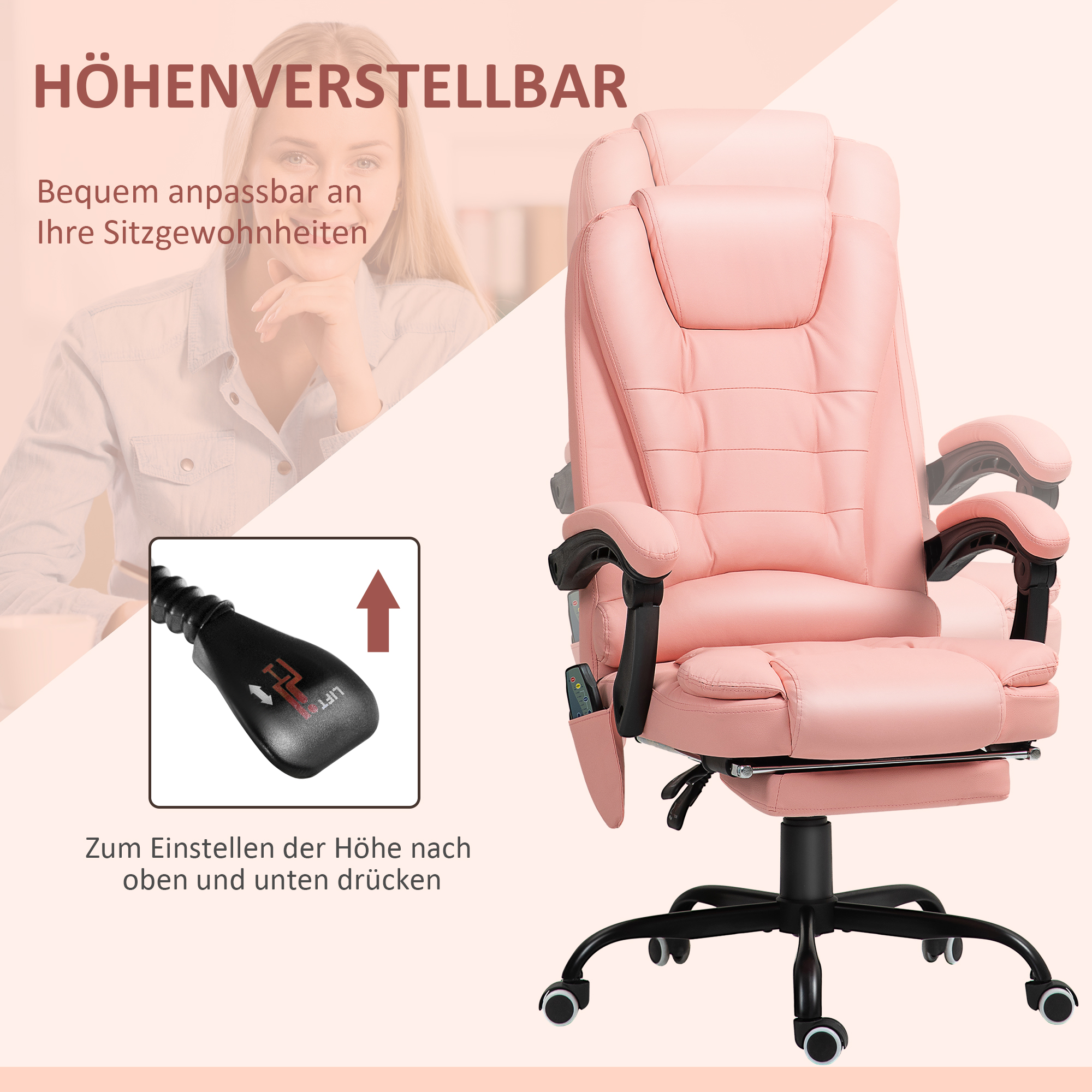 Massaažiga kontoritool, 7 vibratsioonipunkti, reguleeritav jalatugi ja seljatugi, kuni 120 kg, kunstnahk, roosa