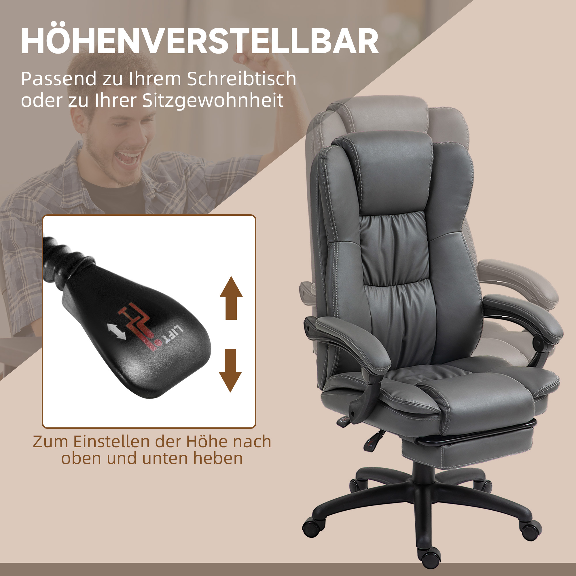 Massaažiga bürootool jalatoega, kunstnahk, tumehall, 68,5 x 68,5 x 113-121 cm