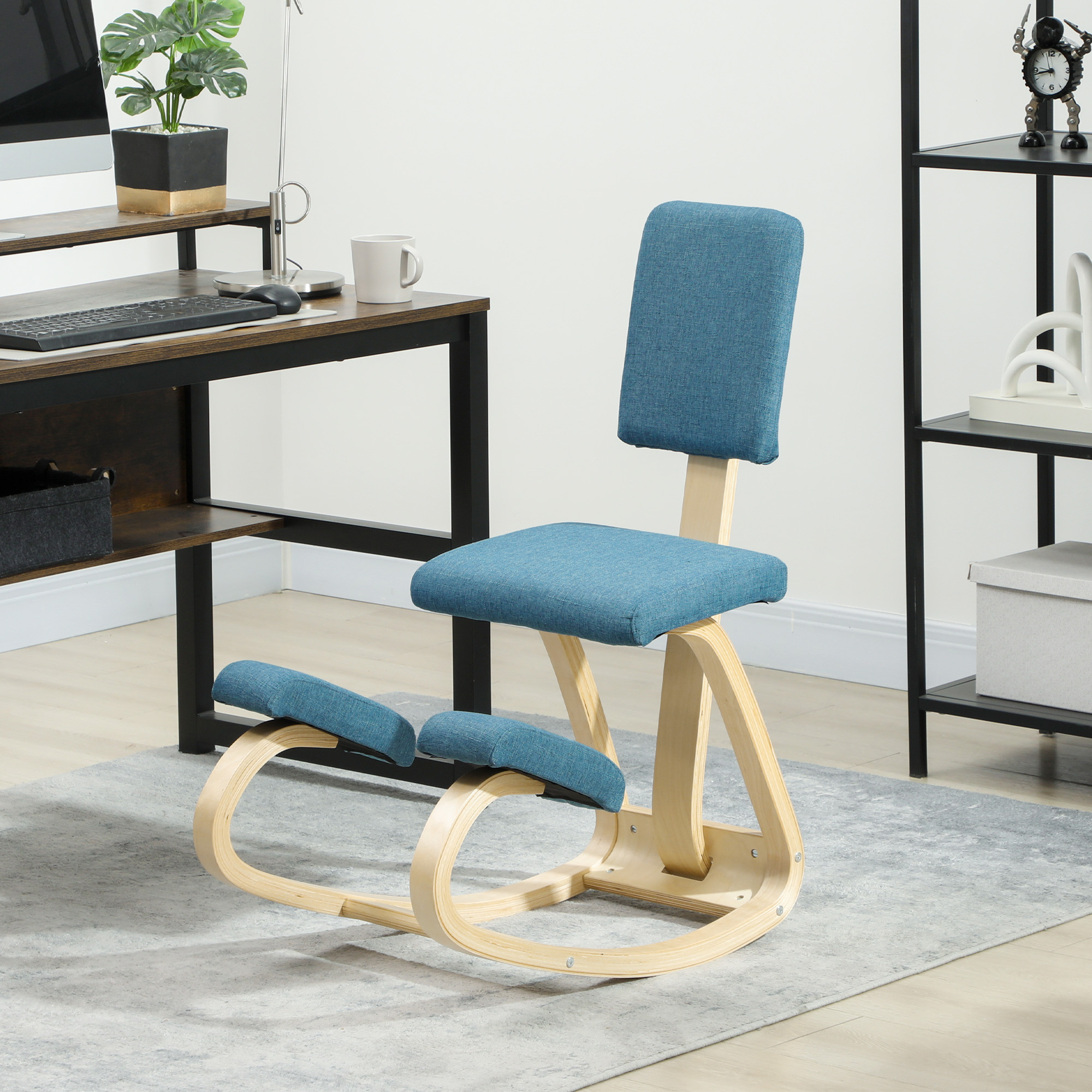 Kneeling chair, tumesinine, kasepuit, 84 x 51 x 93 cm