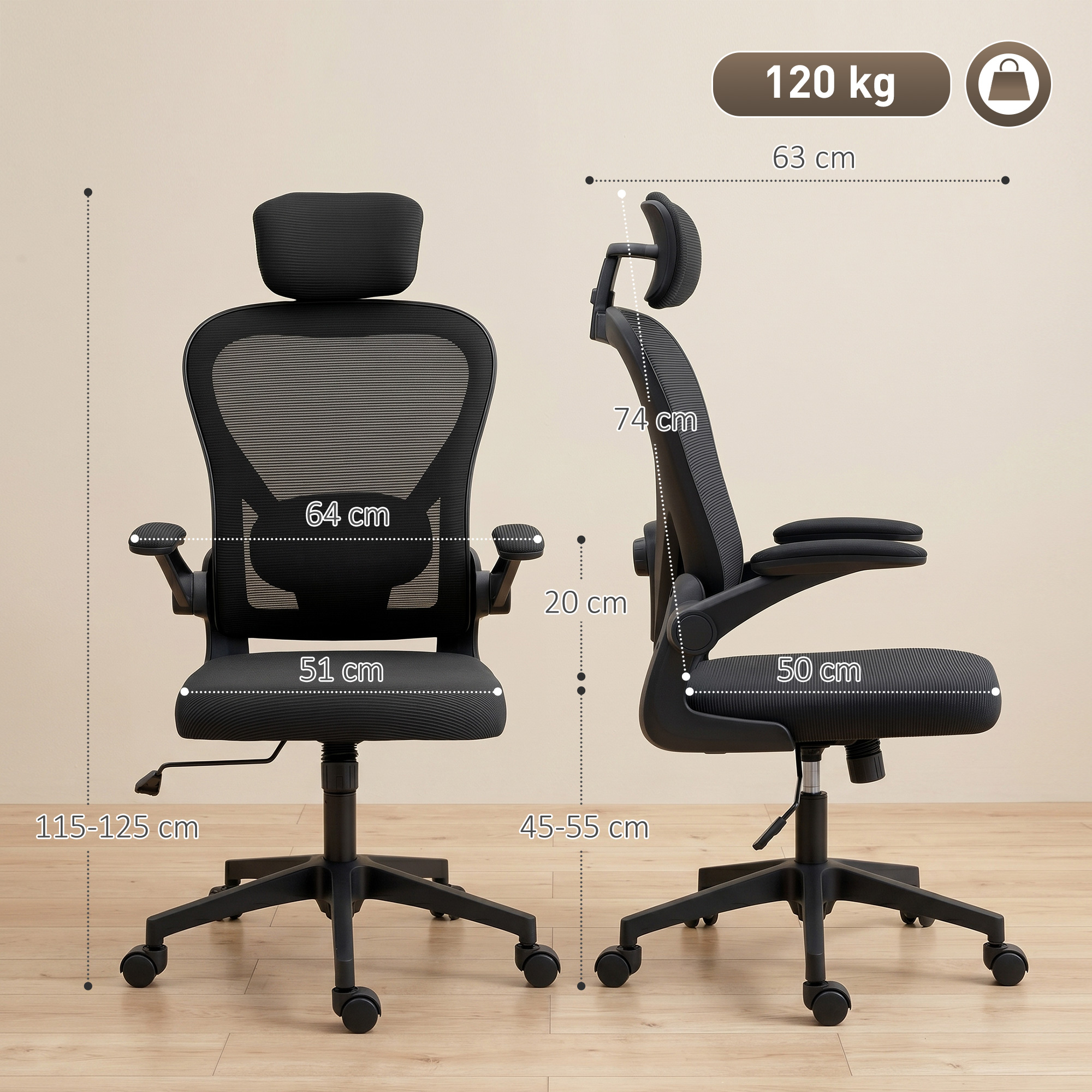 Ergonoomiline kontoritool, must, 64 x 63 x 115-125 cm