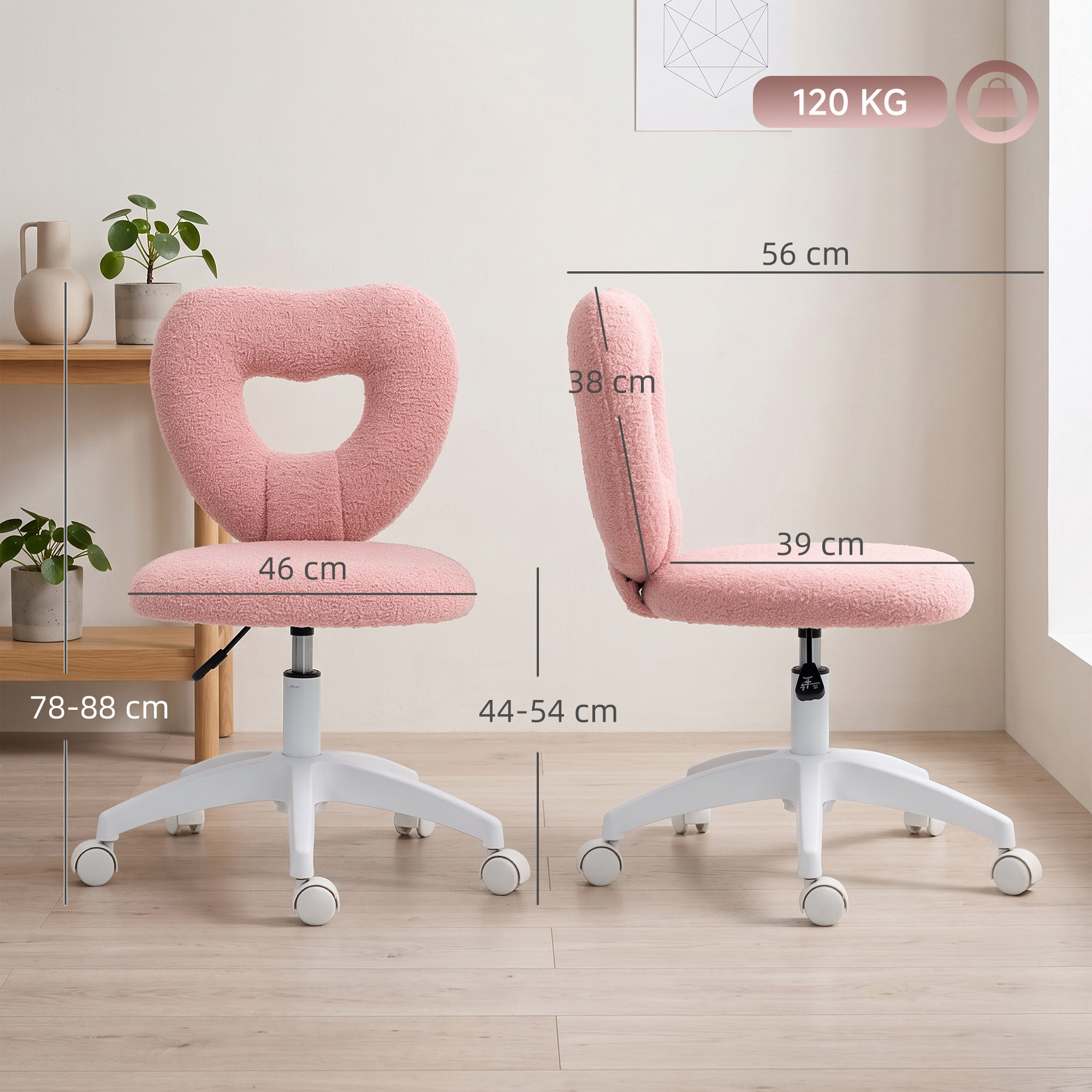 Roosa kontoritool südamekujulise seljatoega, Teddy fleece, 78-88 cm