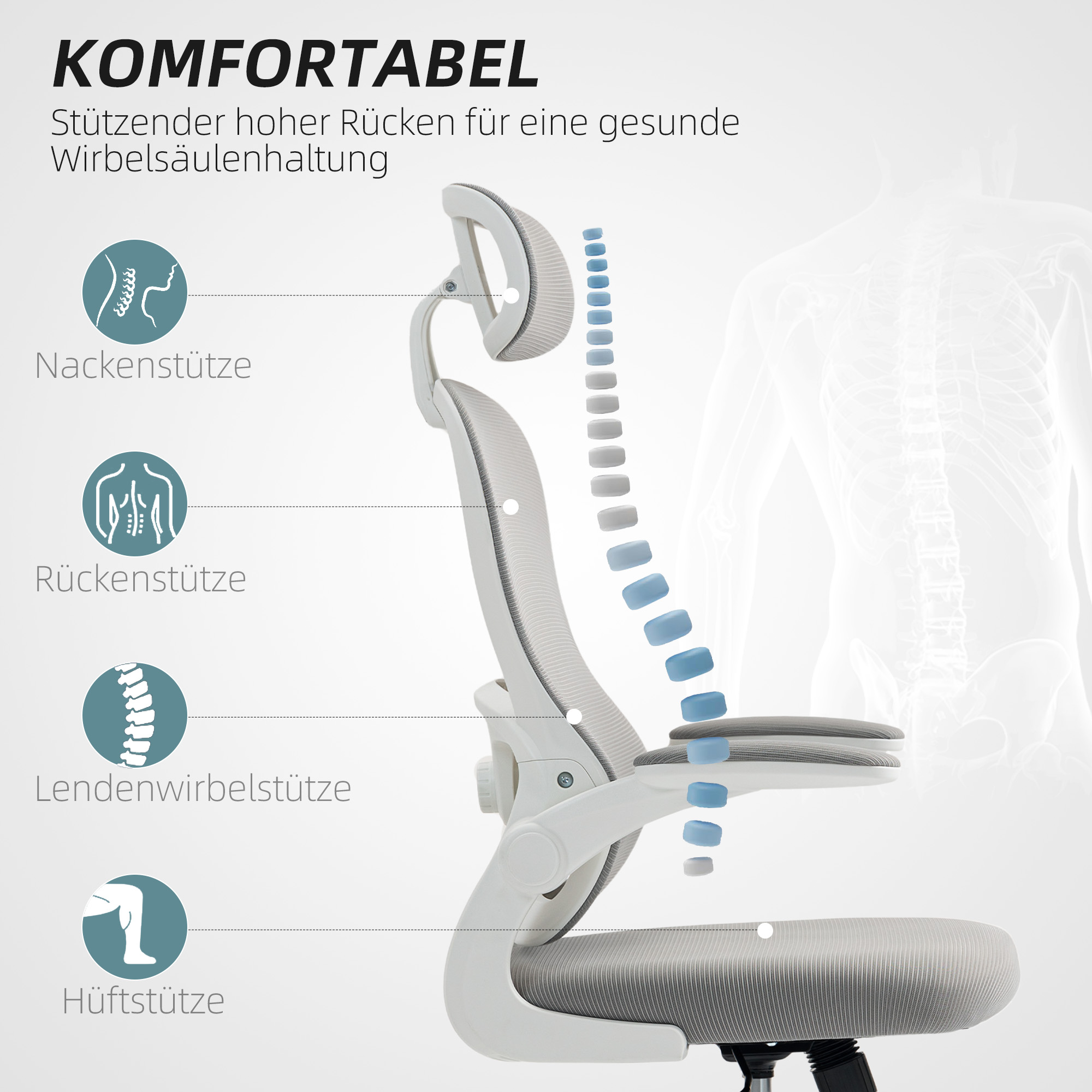 Ergonoomiline bürootool võrkkattega seljatoega, hall, 64 x 62 x 107-115 cm