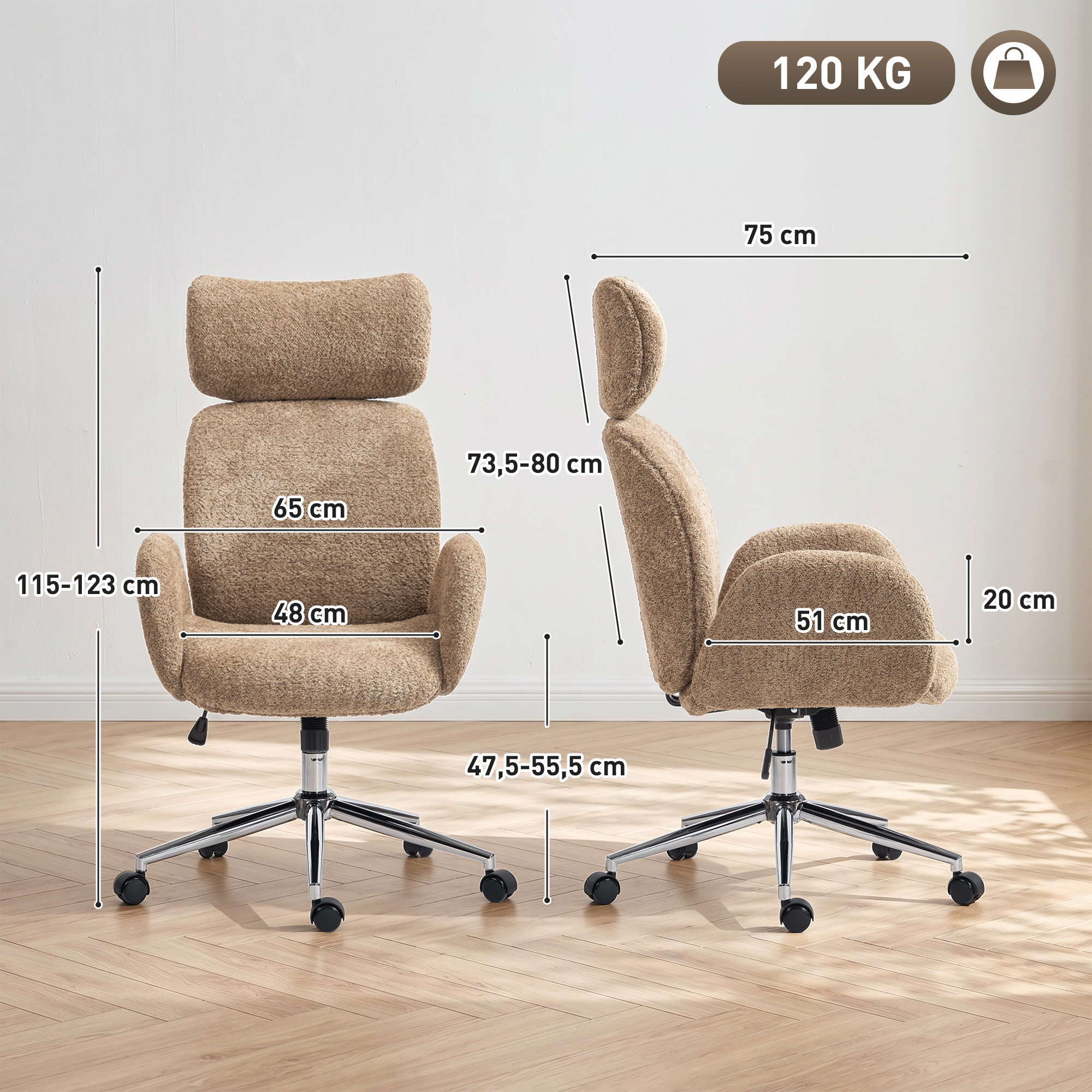 Bürootool reguleeritava peatugi, ergonoomiline, kiikfunktsiooniga, pruun, 115-123 cm