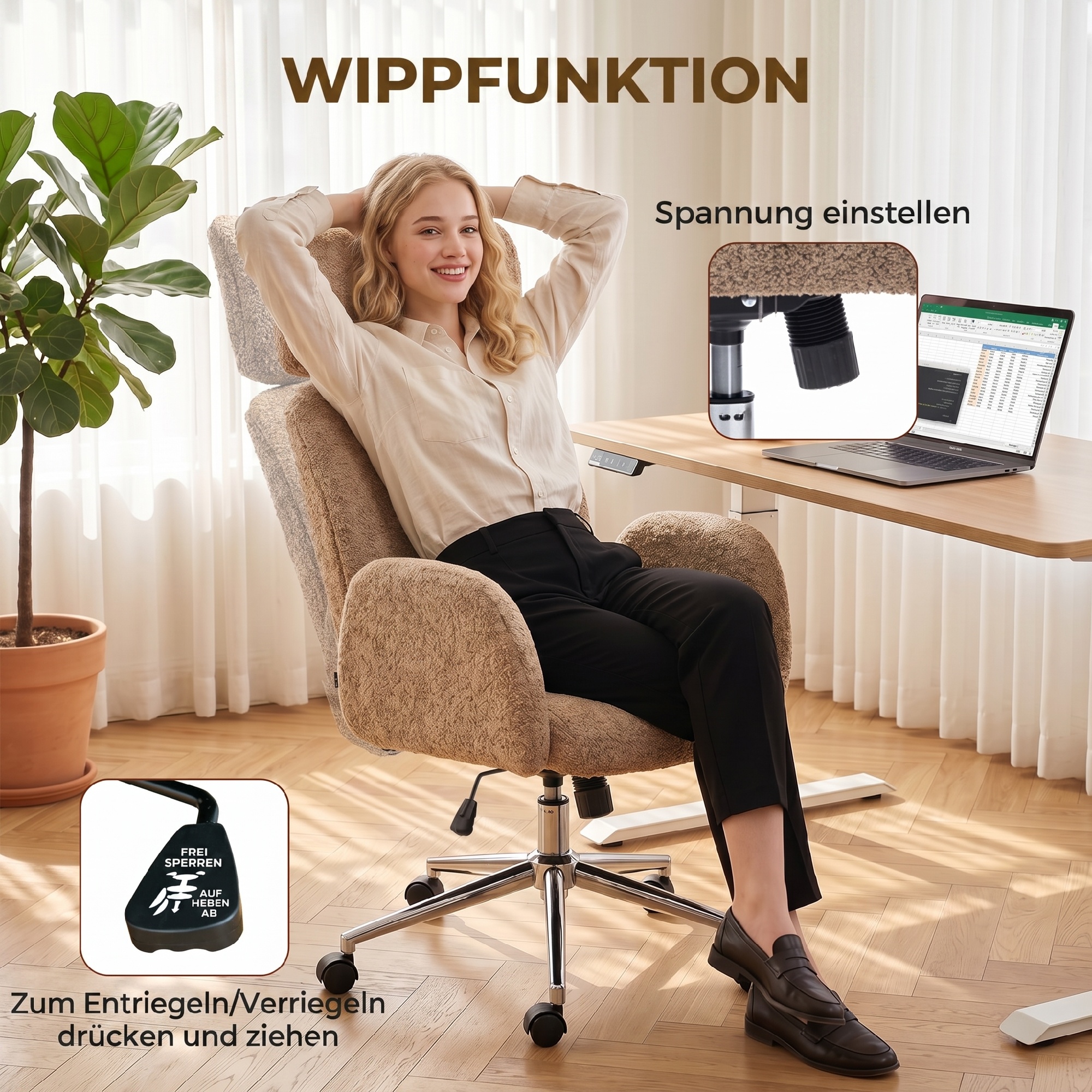Bürootool reguleeritava peatugi, ergonoomiline, kiikfunktsiooniga, pruun, 115-123 cm