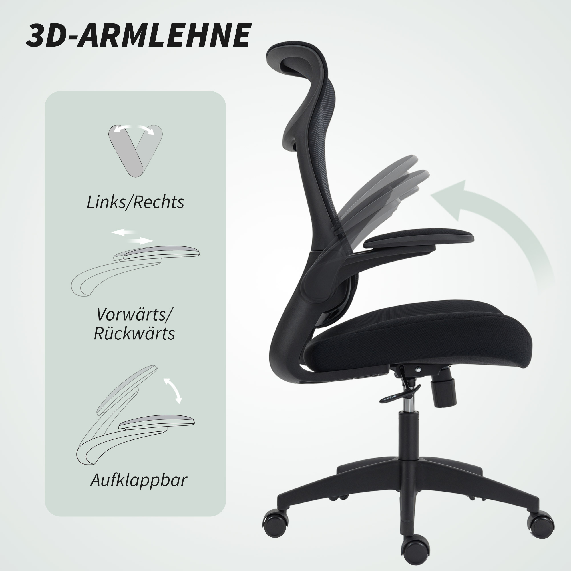 Ergonoomiline kontoritool 3D käetugedega, võrkkangas, must, 108-118 cm
