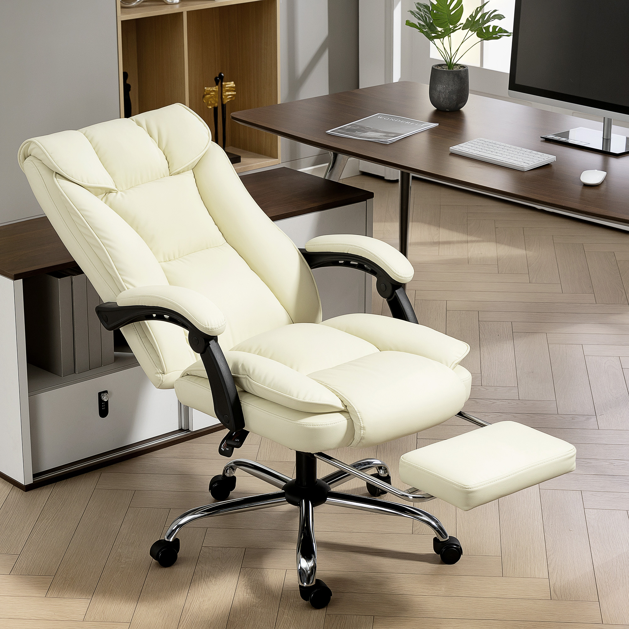 Ergonoomiline kontoritool jalatoega, kunstnahk, beež+must, 120 kg