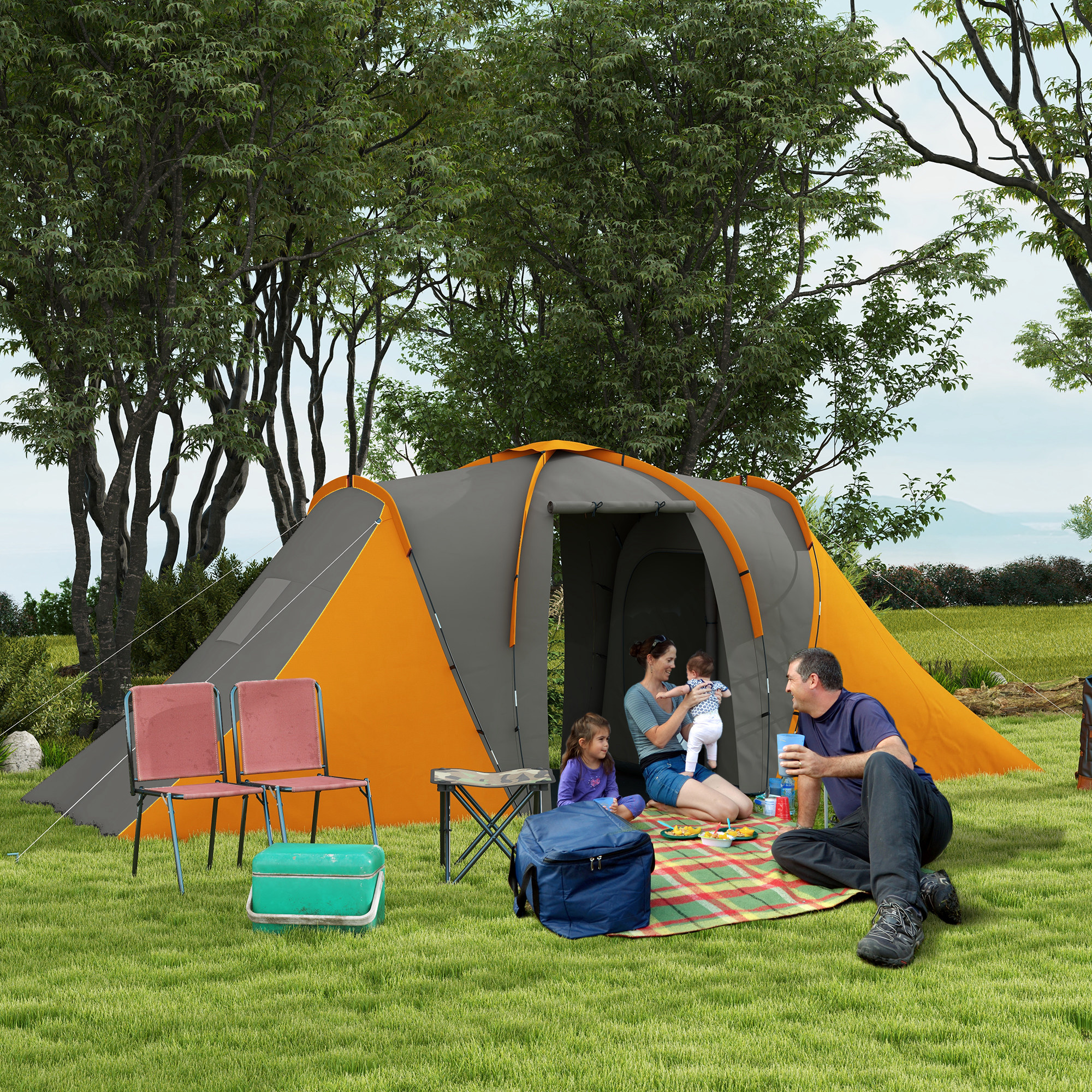 Tunneltelk 4–6 inimesele, 2 magamistuba, 555 x 225 x 190 cm, hall+oranž