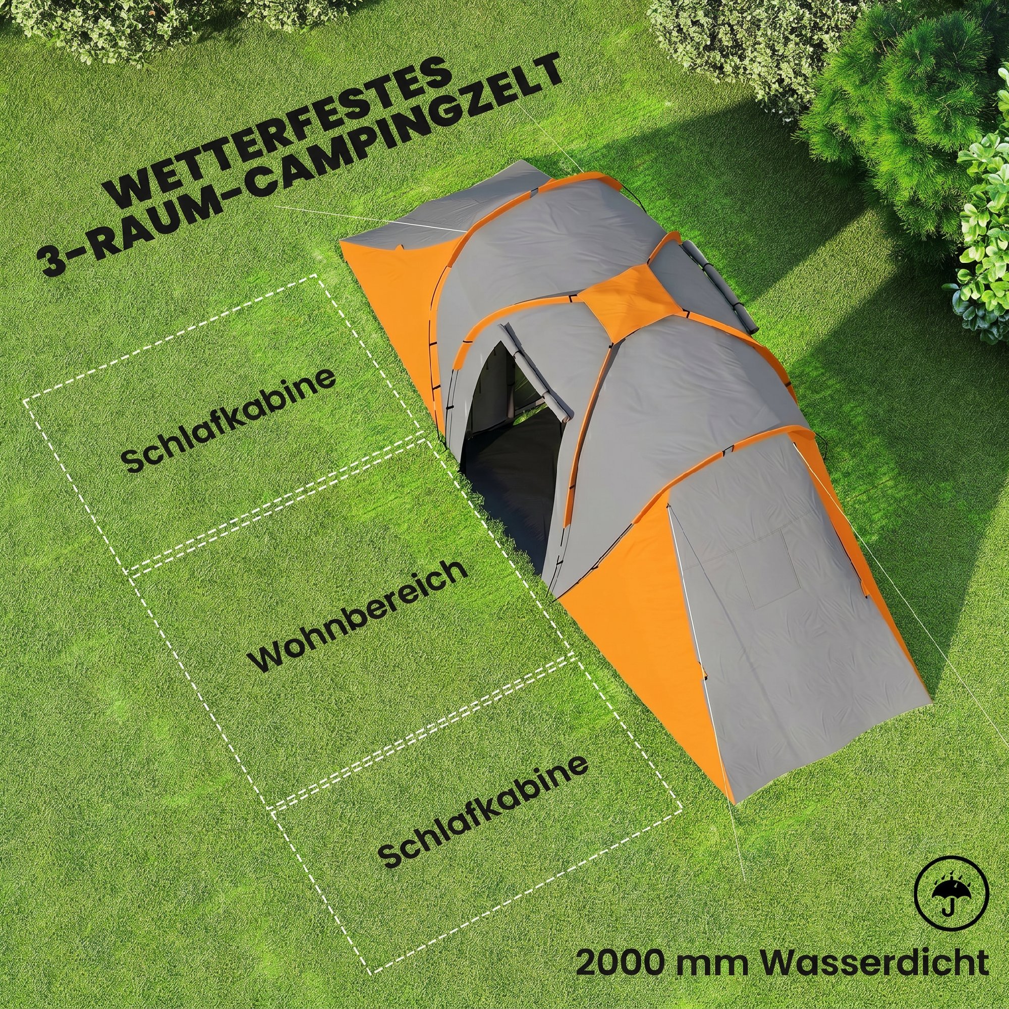 Tunneltelk 4–6 inimesele, 2 magamistuba, 555 x 225 x 190 cm, hall+oranž
