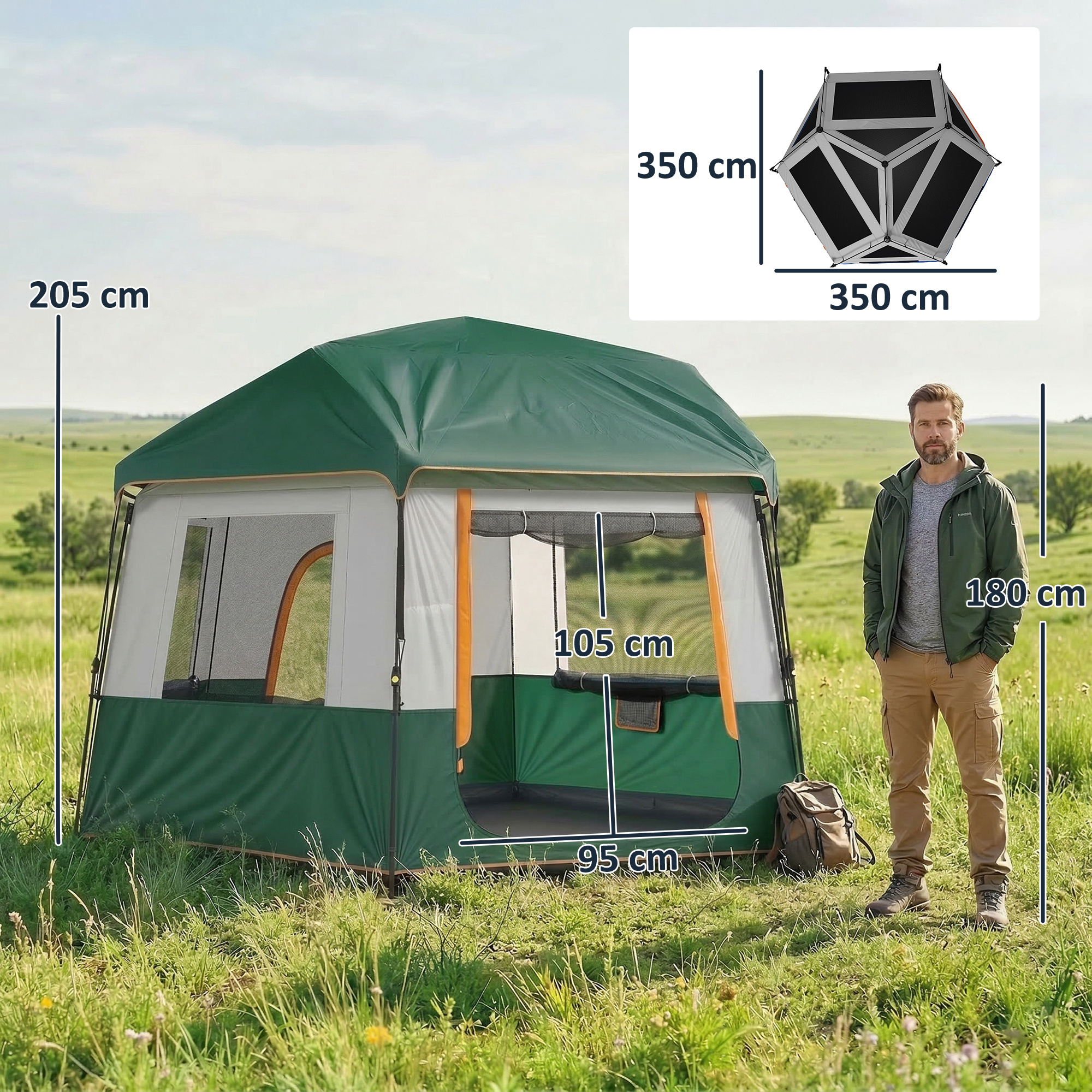 4-6 inimese camping telk, roheline, 350 x 350 x 205 cm