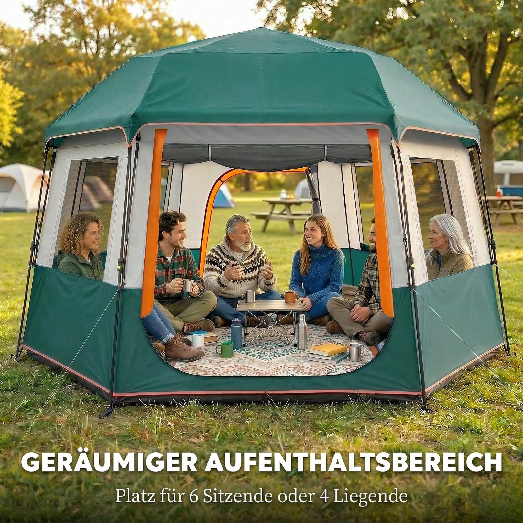 4-6 inimese camping telk, roheline, 350 x 350 x 205 cm