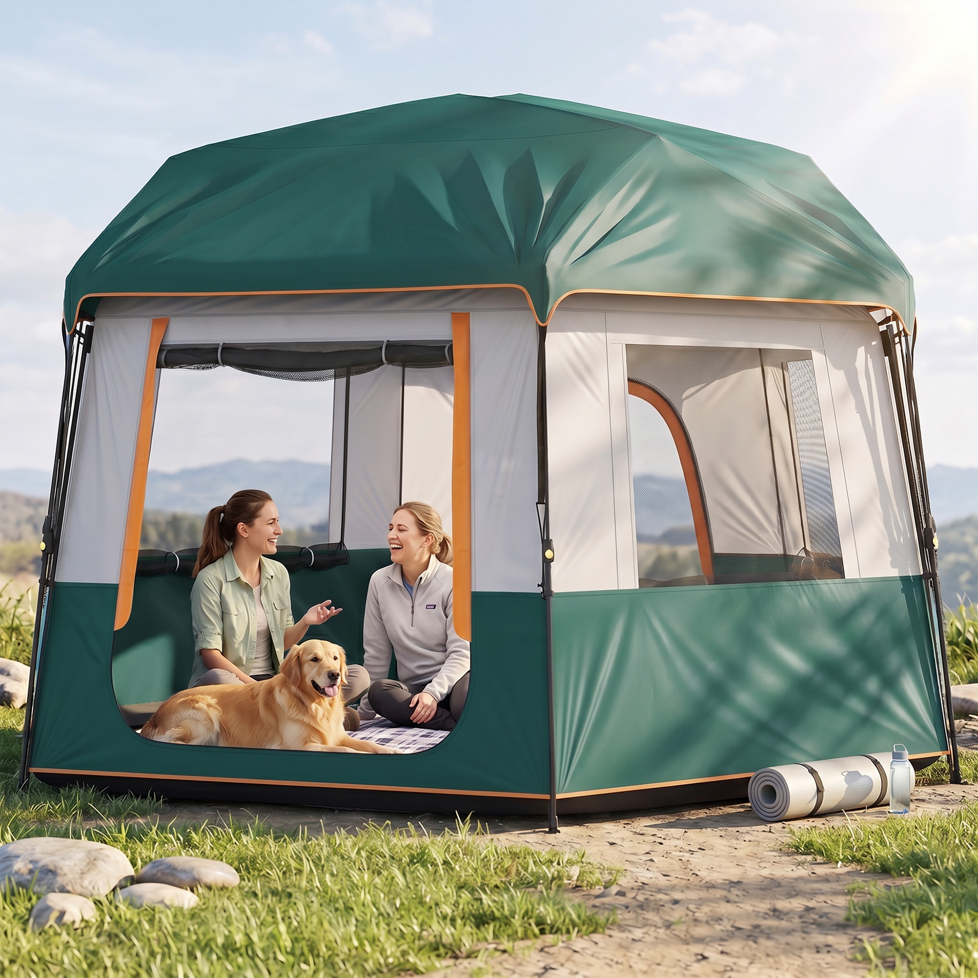 4-6 inimese camping telk, roheline, 350 x 350 x 205 cm