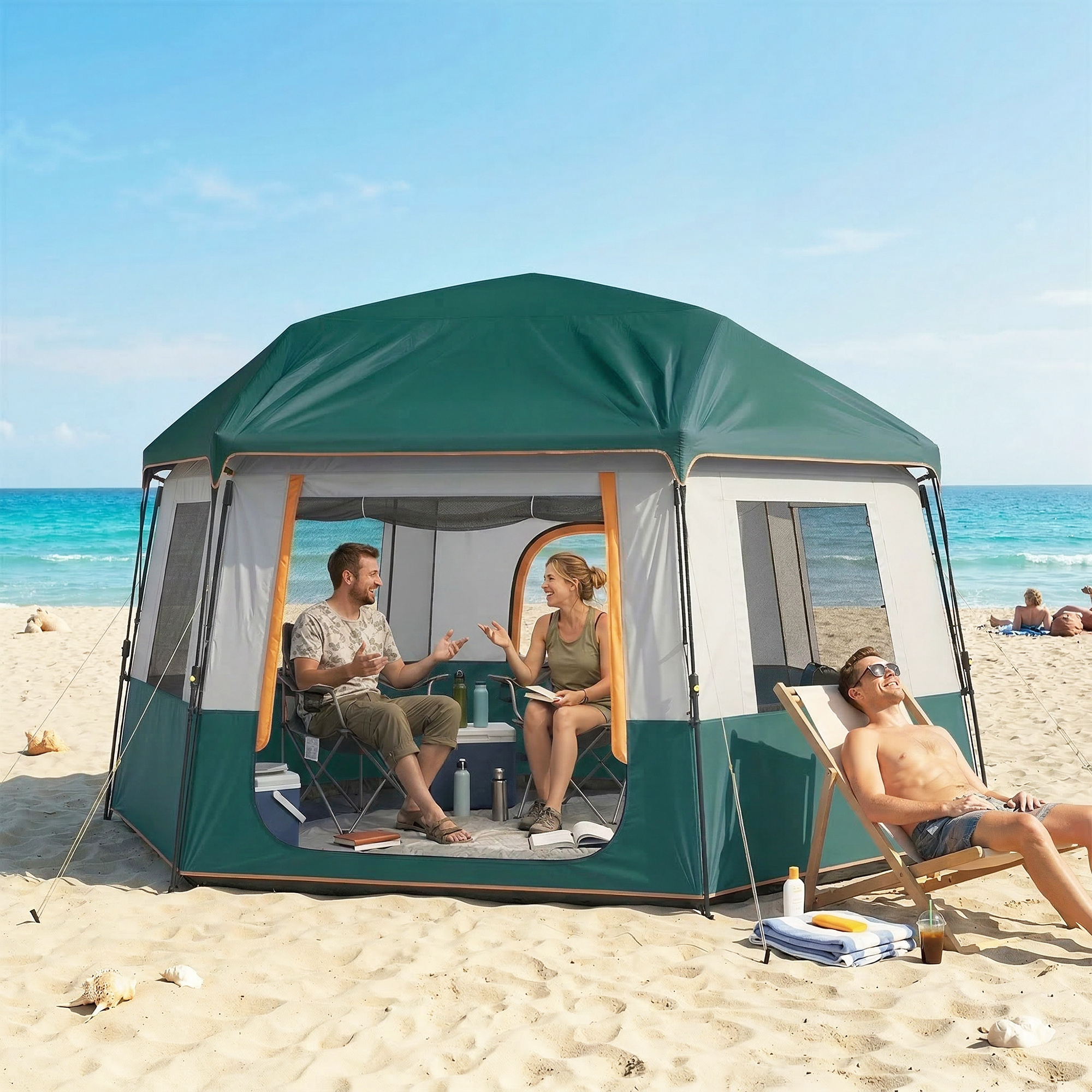 4-6 inimese camping telk, roheline, 350 x 350 x 205 cm