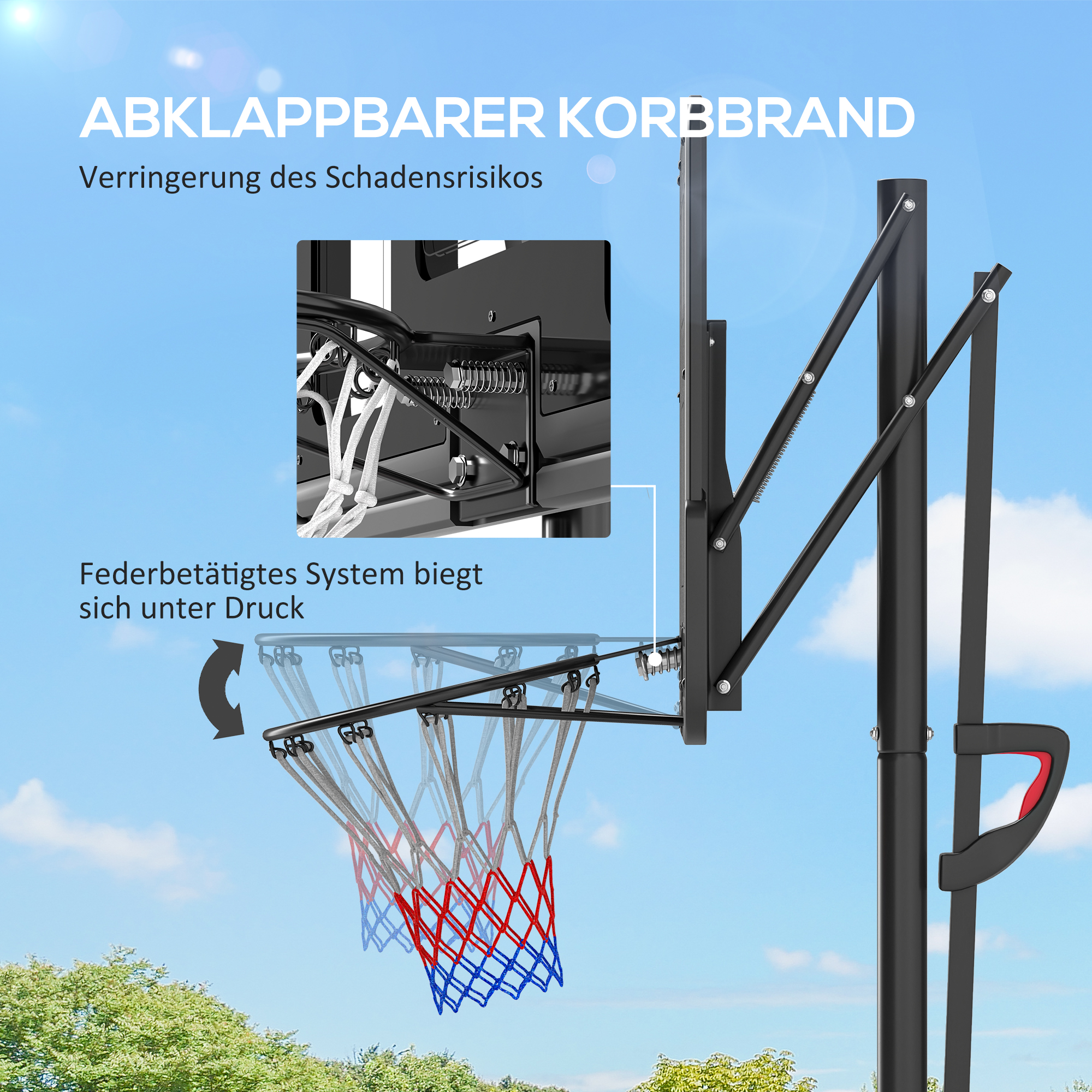Korvpallialus, reguleeritava korvi kõrgusega 235-305 cm, täidetava aluse ja ratastega, must