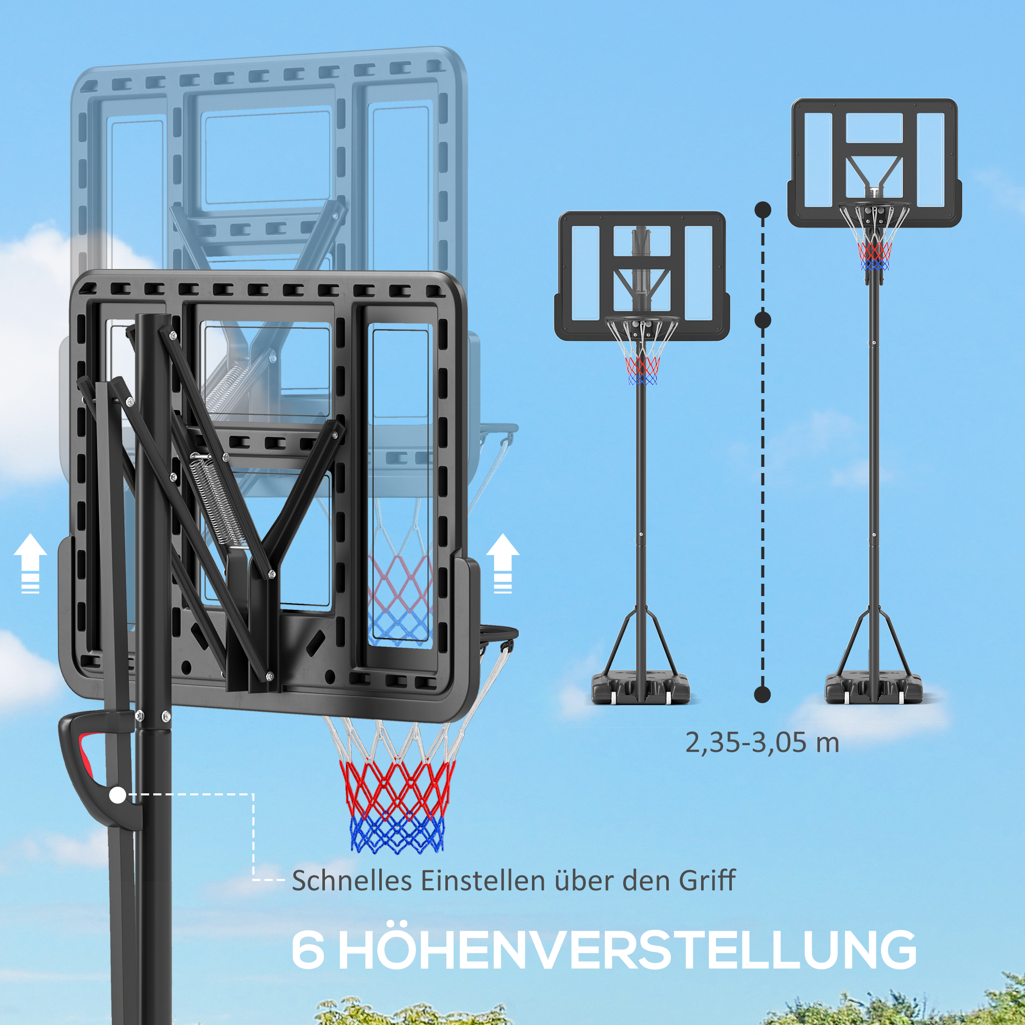 Korvpallialus, reguleeritava korvi kõrgusega 235-305 cm, täidetava aluse ja ratastega, must
