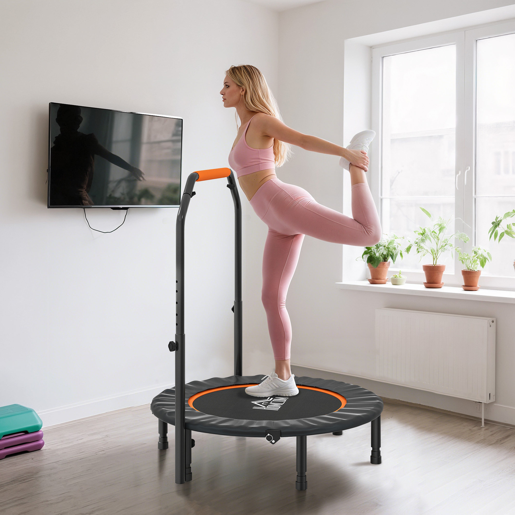 Kokkupandav fitness-trampoliin reguleeritava käepidemega, Ø102 cm, must