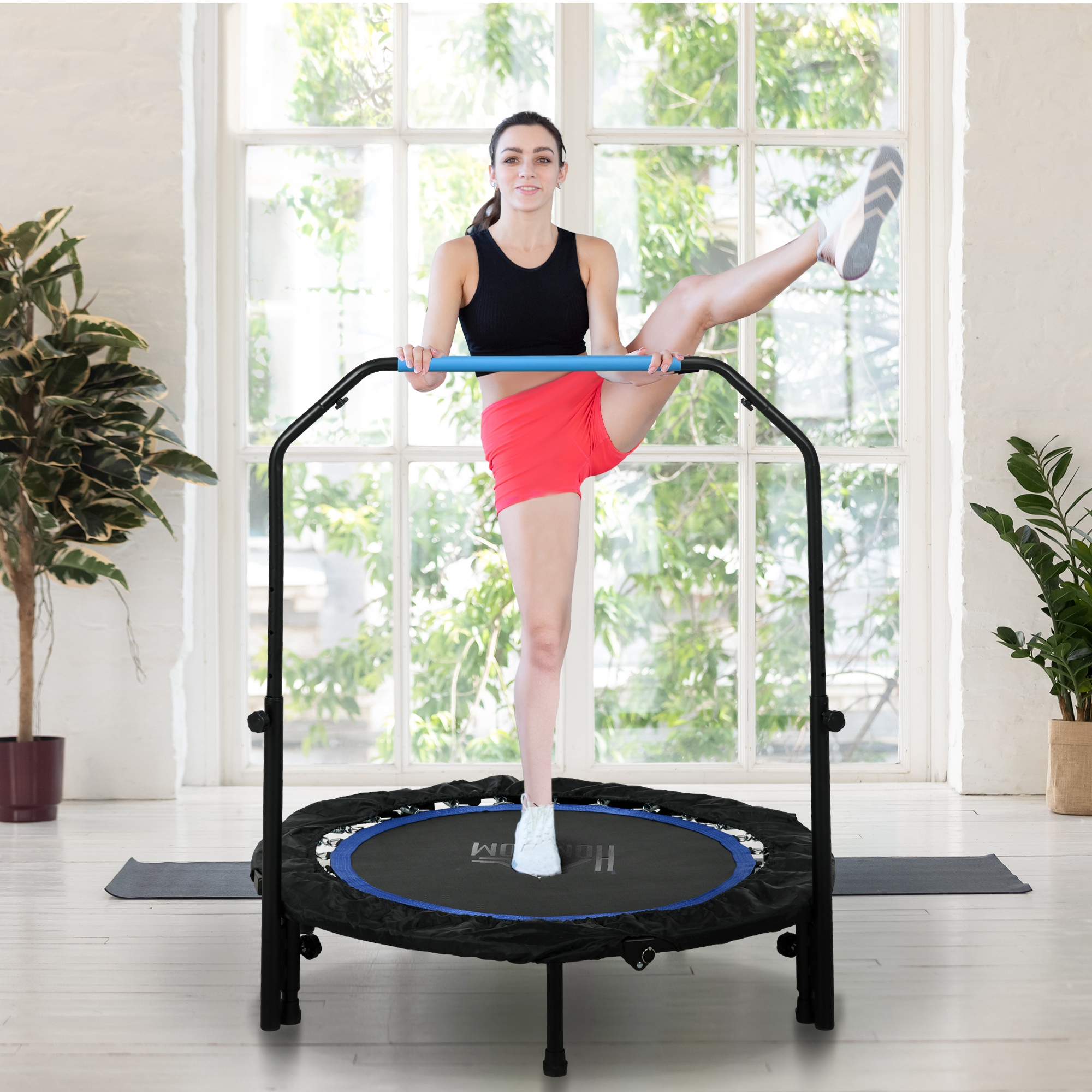 Kokkupandav fitness-trampoliin reguleeritava käepidemega, Ø102 x 99-123 cm, must / sinine