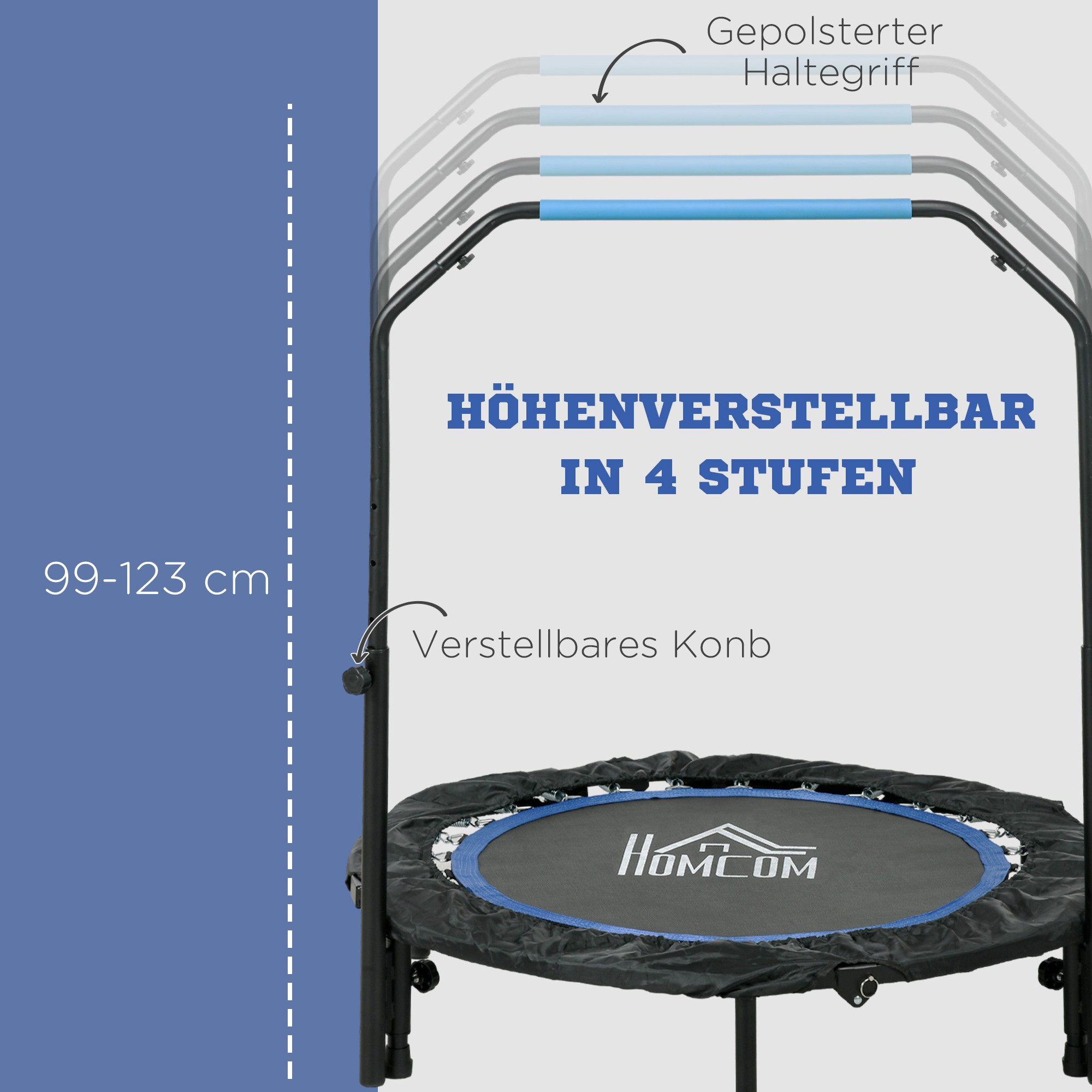 Kokkupandav fitness-trampoliin reguleeritava käepidemega, Ø102 x 99-123 cm, must / sinine