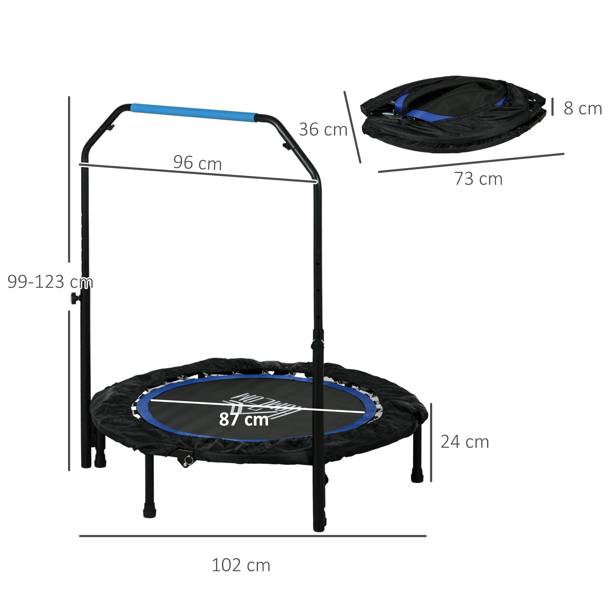 Kokkupandav fitness-trampoliin reguleeritava käepidemega, Ø102 x 99-123 cm, must / sinine