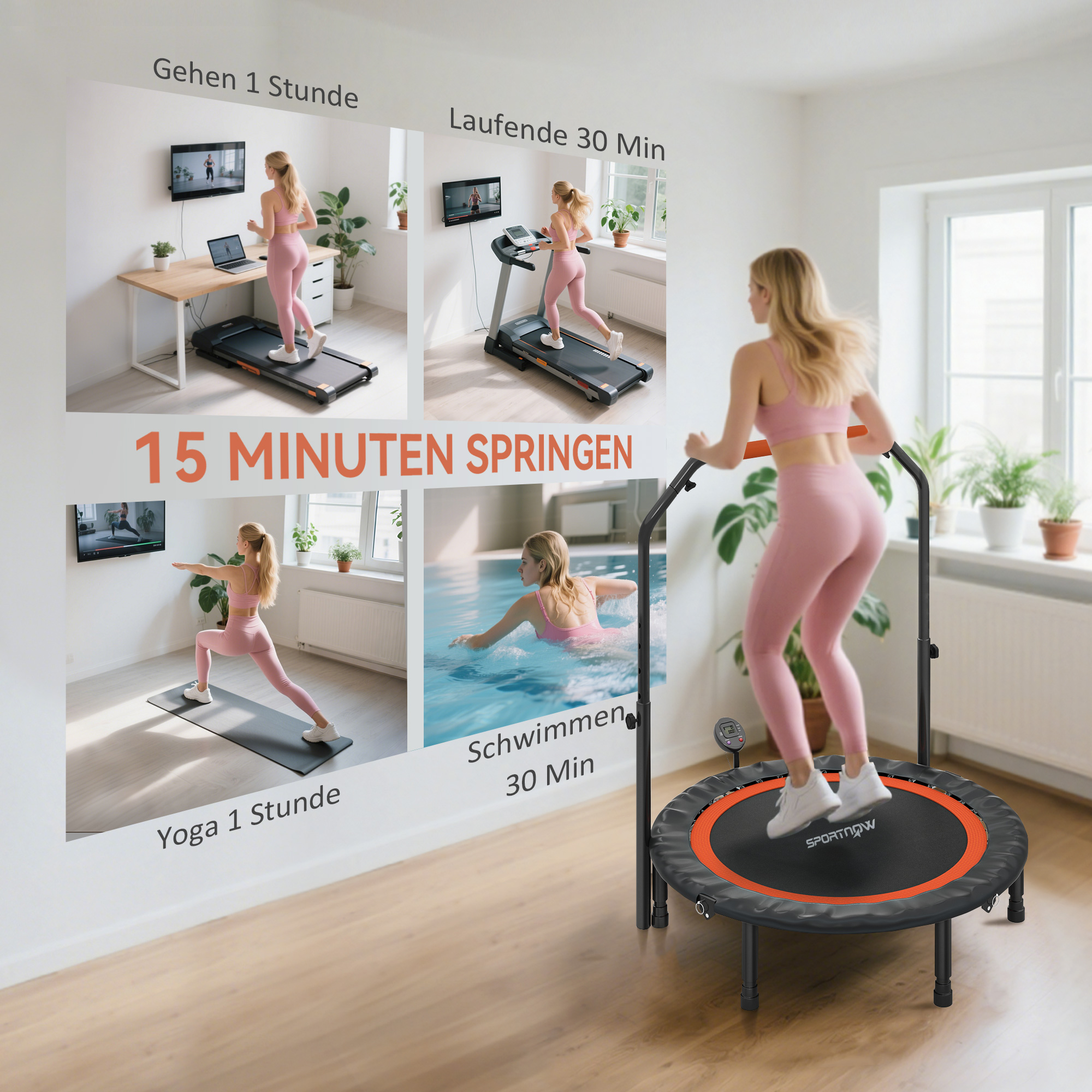 Mini-trampoliin reguleeritava käepideme ja LCD-monitoriga, teras, must+puna, Ø102 x 99-123 cm