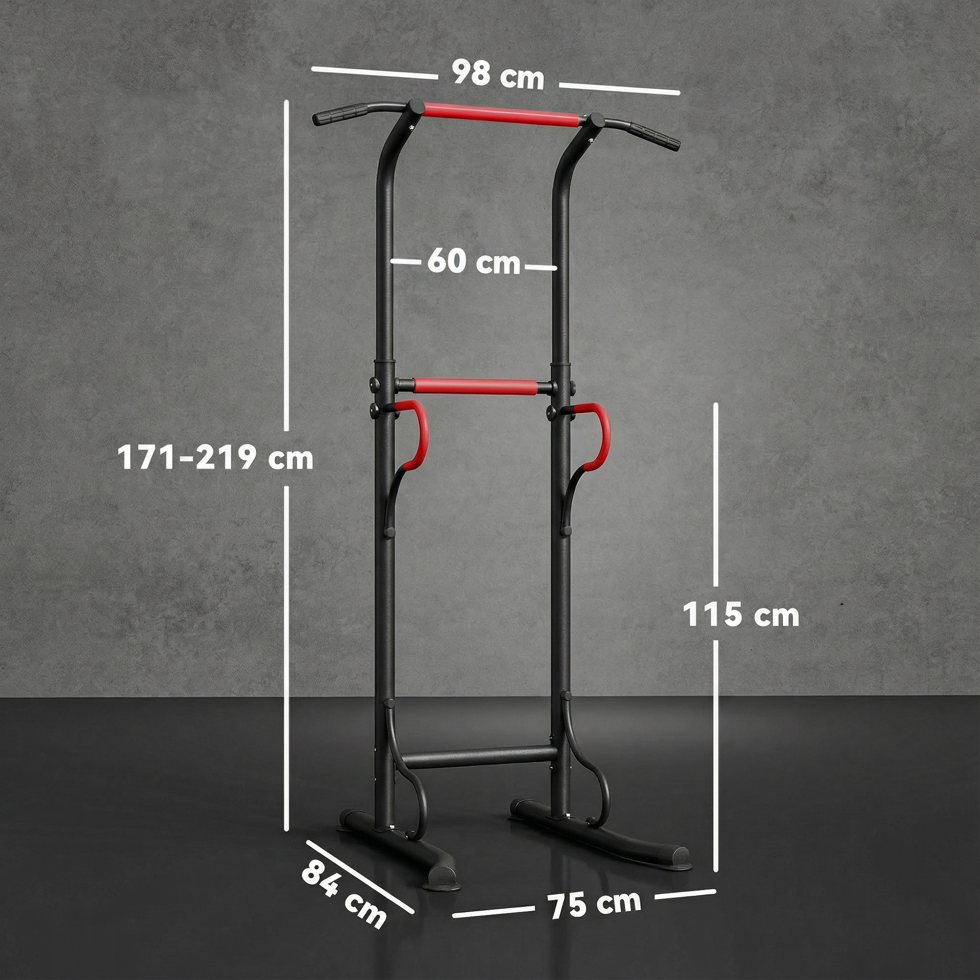 Reguleeritav power tower, dip-treeningseade tõmbevardaga, must / punane, 98 x 84 x 171-219 cm