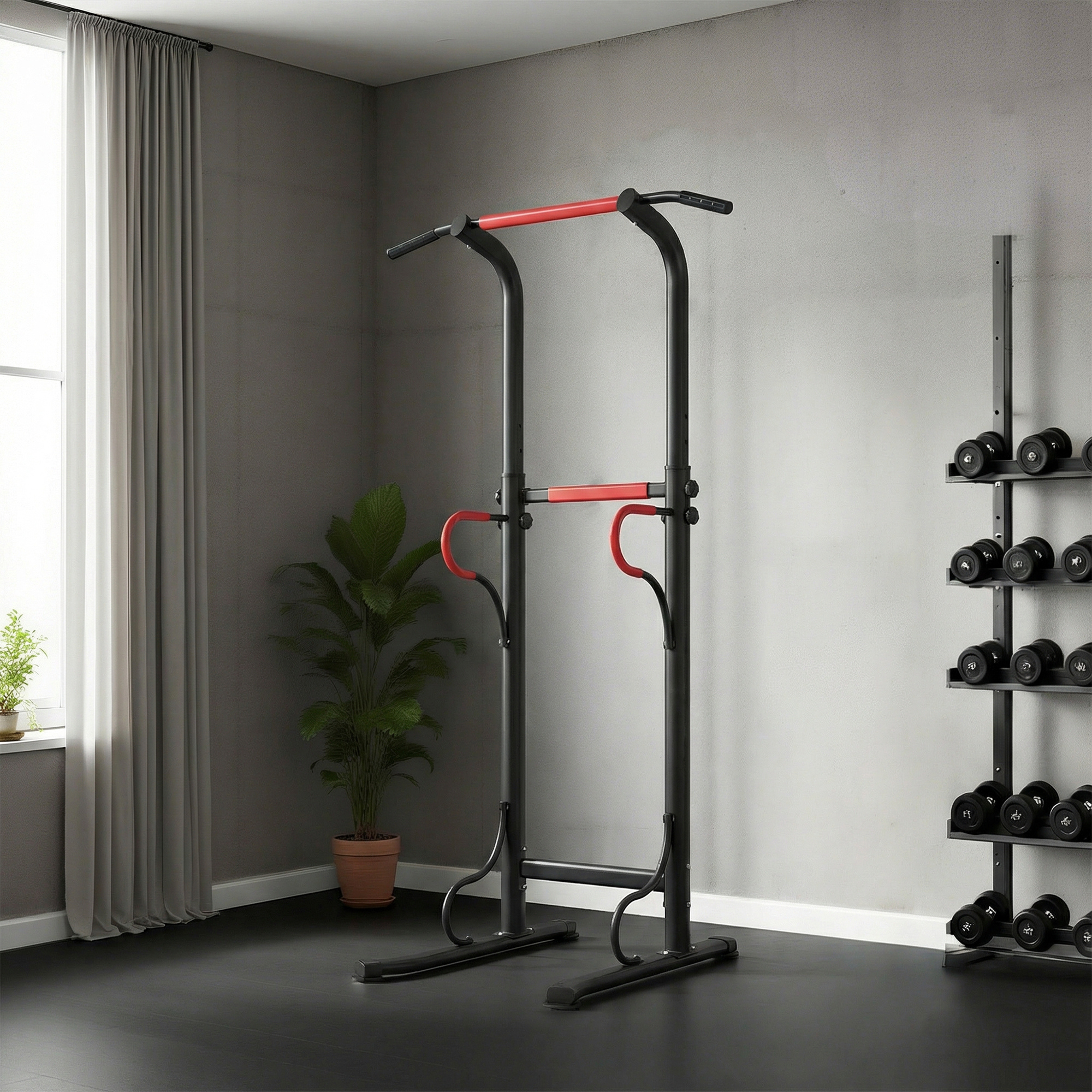 Reguleeritav power tower, dip-treeningseade tõmbevardaga, must / punane, 98 x 84 x 171-219 cm