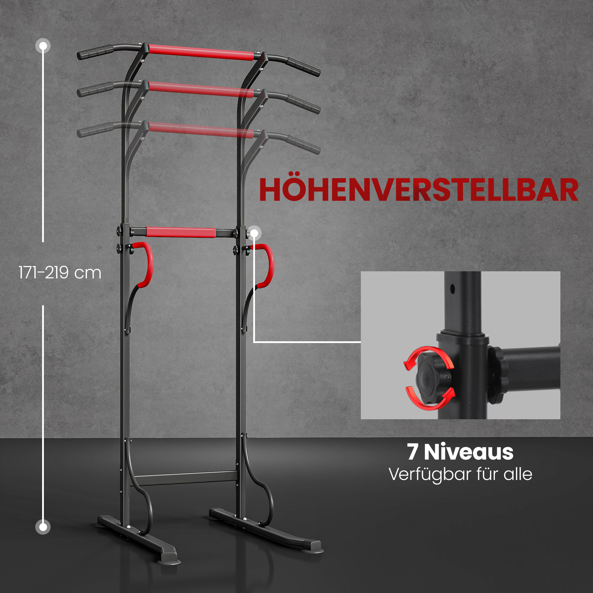 Reguleeritav power tower, dip-treeningseade tõmbevardaga, must / punane, 98 x 84 x 171-219 cm