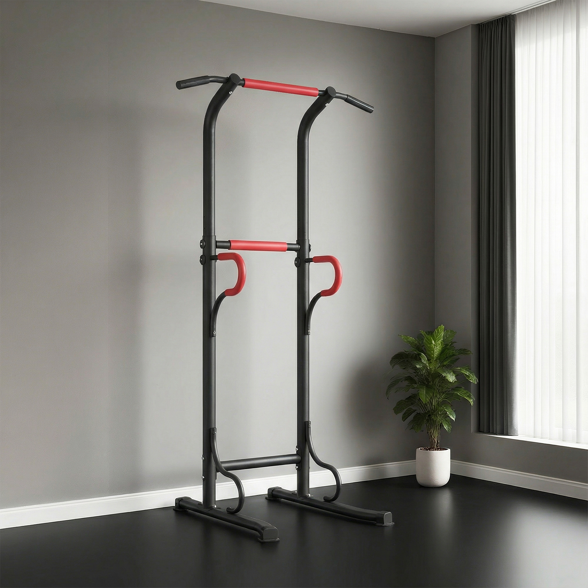 Reguleeritav power tower, dip-treeningseade tõmbevardaga, must / punane, 98 x 84 x 171-219 cm