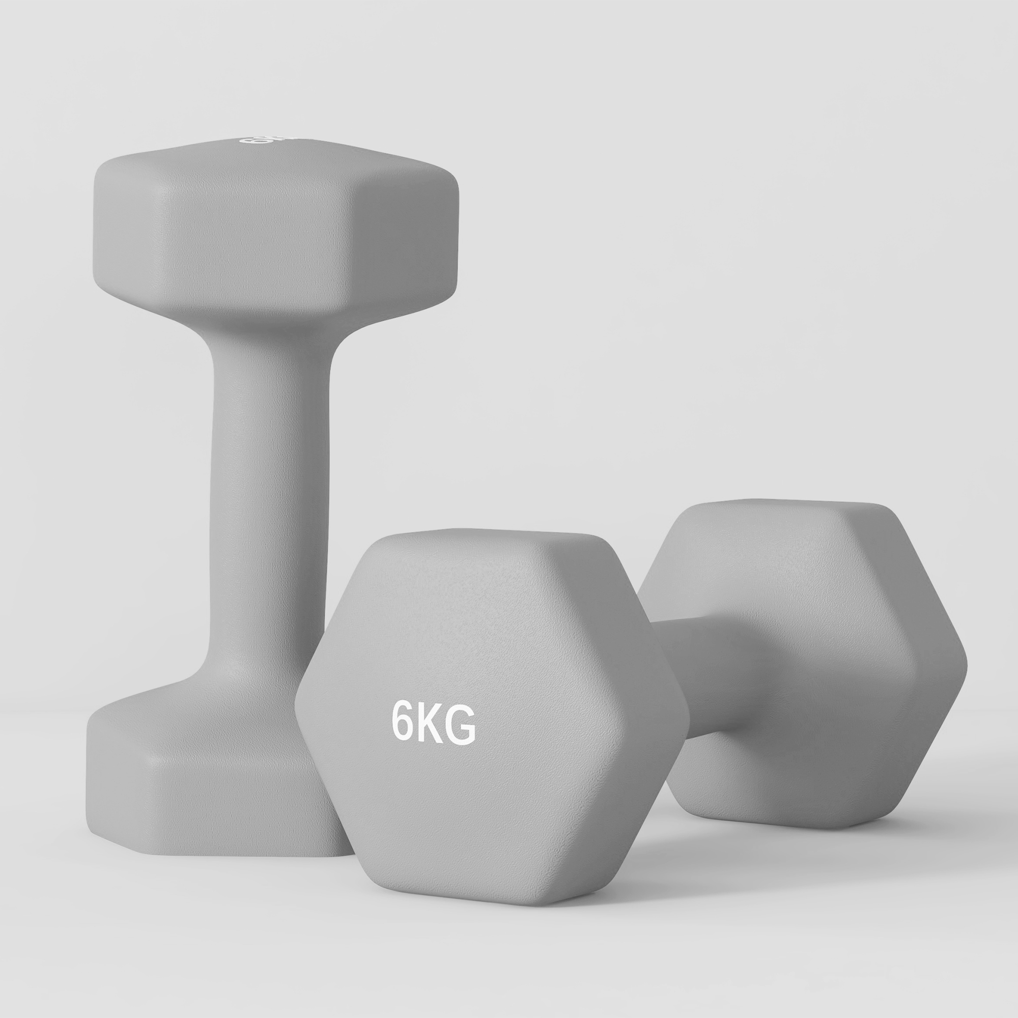 2 x 6 kg hantlite komplekt, kuusnurkne disain, hall