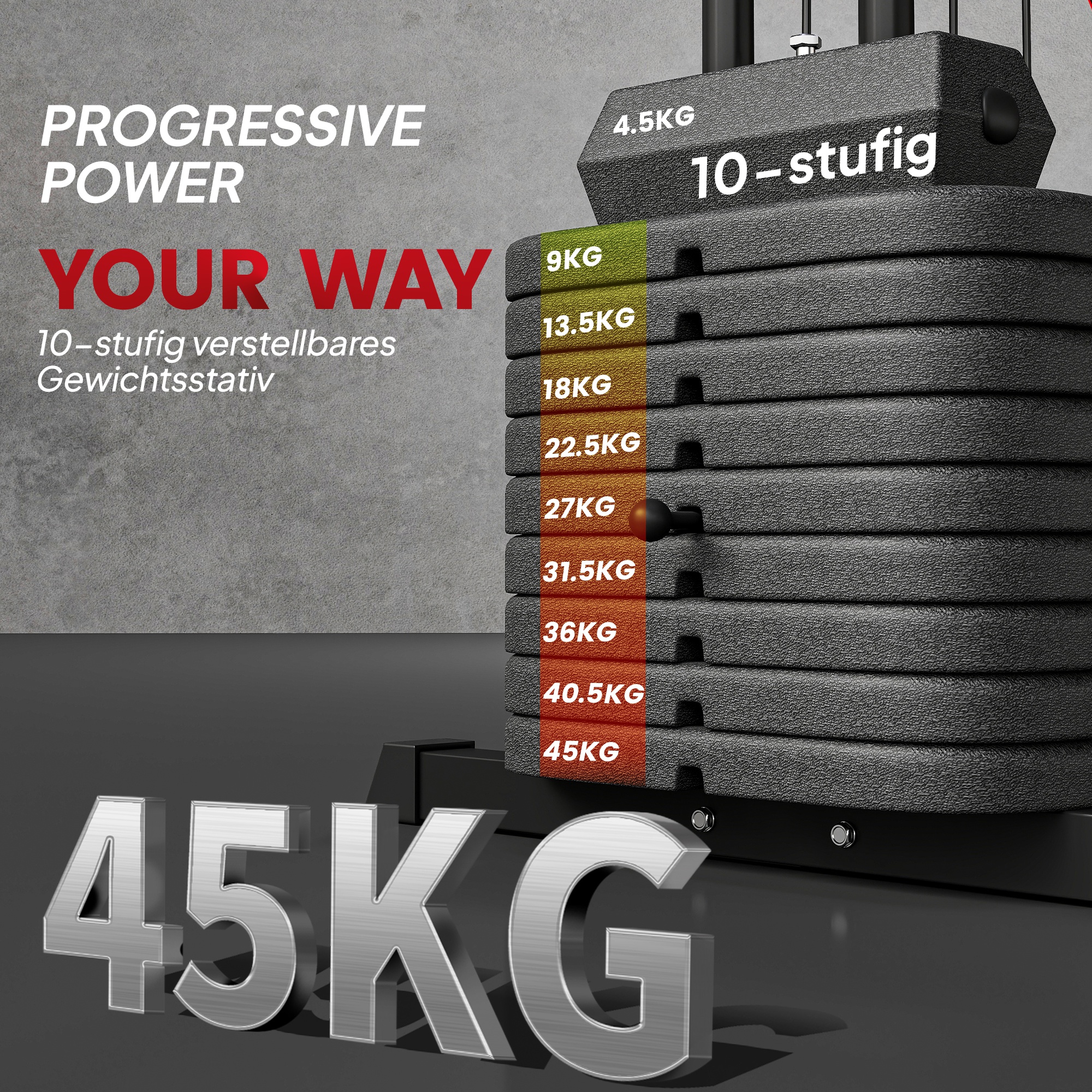 Kodune jõutreeninguseade 45 kg raskusplokkidega, ülemine plokk, rinnapress, jalapress, must